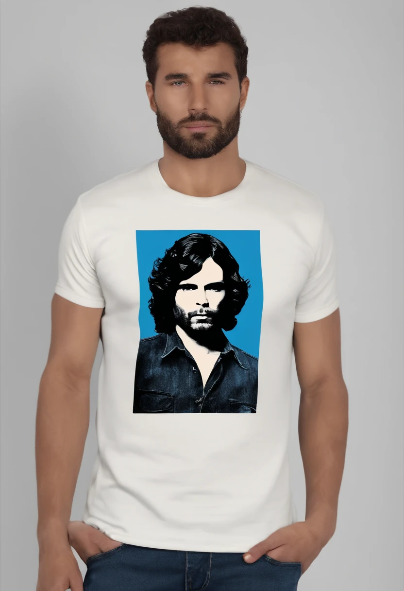 (Camiseta blanca para hombre), ), (con una larga barba,) Aspecto atractivo y serio, Brown Dark Hair, Elegante y con estilo, Camiseta de cuerpo fuerte afeitada, Un hombre similar al actor Jim Morrison, (Imagen realista y de alta calidad), Apartamento escandinavo en el fondo con pintura de pared azul, ((La mejor calidad, 8k, tmasterpiece).