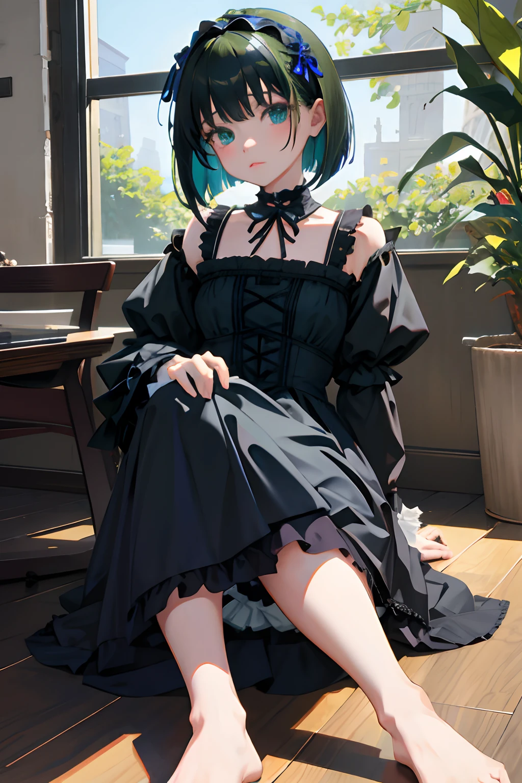 Holding your knees,sitting down on the floor,,(masterpiece,Highest Quality),Blue-green Gothic Lolita,A dark-haired,Medium bob