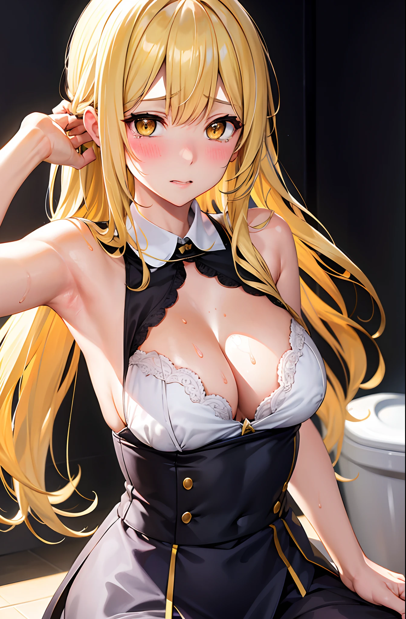 masutepiece, Best Quality, 1girl in,Shooting a girl head-on, Looking at Viewer, Cute, Bra, medium breasts, Yellow eyes,  Behind Wallenstein,  Yellow hair, Long hair, Beautiful detailed eyes, embarrassed,red blush,is crying,Put your hands on your head,Armpit, full of sweat,(Upper body:1.3), robe blanche,Toilet background, ((mistress, Authority))