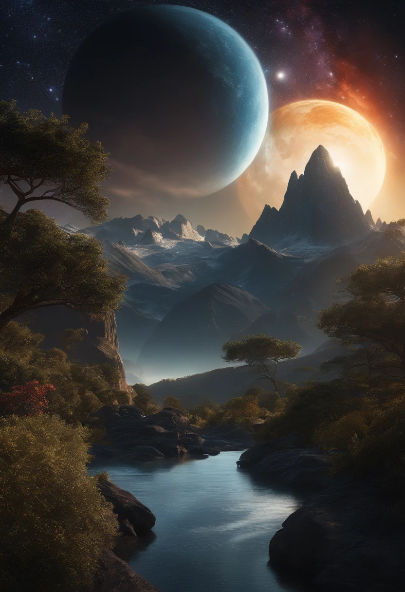 (best quality,4k,8k,highres,masterpiece:1.2),ultra-detailed,(realistic,photorealistic,photo-realistic:1.37),space,somewhere in space,dark and colorful,cosmic,3D,planet,mountain,ocean,mysteries,floating above the mountain,isle,glowing,sparkling,serene reflection,starry sky,deep universe,cosmic colors,alien landscape,oceanic wonders,immersive experience,depth and dimension,astonishing details,intricate textures,awe-inspiring,vivid galaxies,celestial bodies,evocative atmosphere,interstellar journey,majestic sight,enigmatic beauty,enchanted world,unexplored secrets,great expanse,cosmic vibrations,luminous celestial scene,otherworldly wonders,astral presence,ethereal dream,universe's marvels,extraordinary realms,lunar serenity