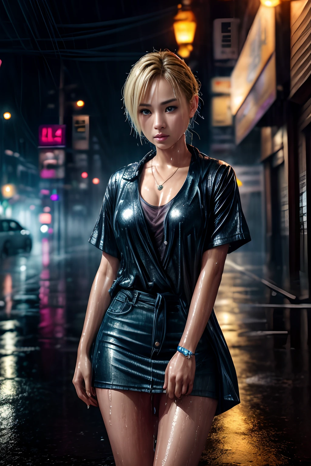 Young Korean Woman standing,  ((on city street)),  ((fully clothed)), ((overcoat)), ((v neck t shirt)),((barefoot)), black miniskirt, blonde short hair, slim build,jewelry, large earrings, late night, detailed background, dark, busy street, cinematic, neon light, masterpiece,  best quality, RAW photo, up close, zoomed in,  photorealistic, ((looking at viewer)), see through,dripping wet, beautiful realistic photo, hyperrealistic fantasy photo,  close up, tight frame, 8k, ultra detailed, detailed skin, blue eyes, freckles, ((drenched)), ((soaked)), (dripping water), sagging clothes, wet street, wet all over, wet dripping hair, pov, (posing for photo) portrait, close-up, bottom angle, mist, ((heavy rain)), ((misty rain)), rain on face, wet face