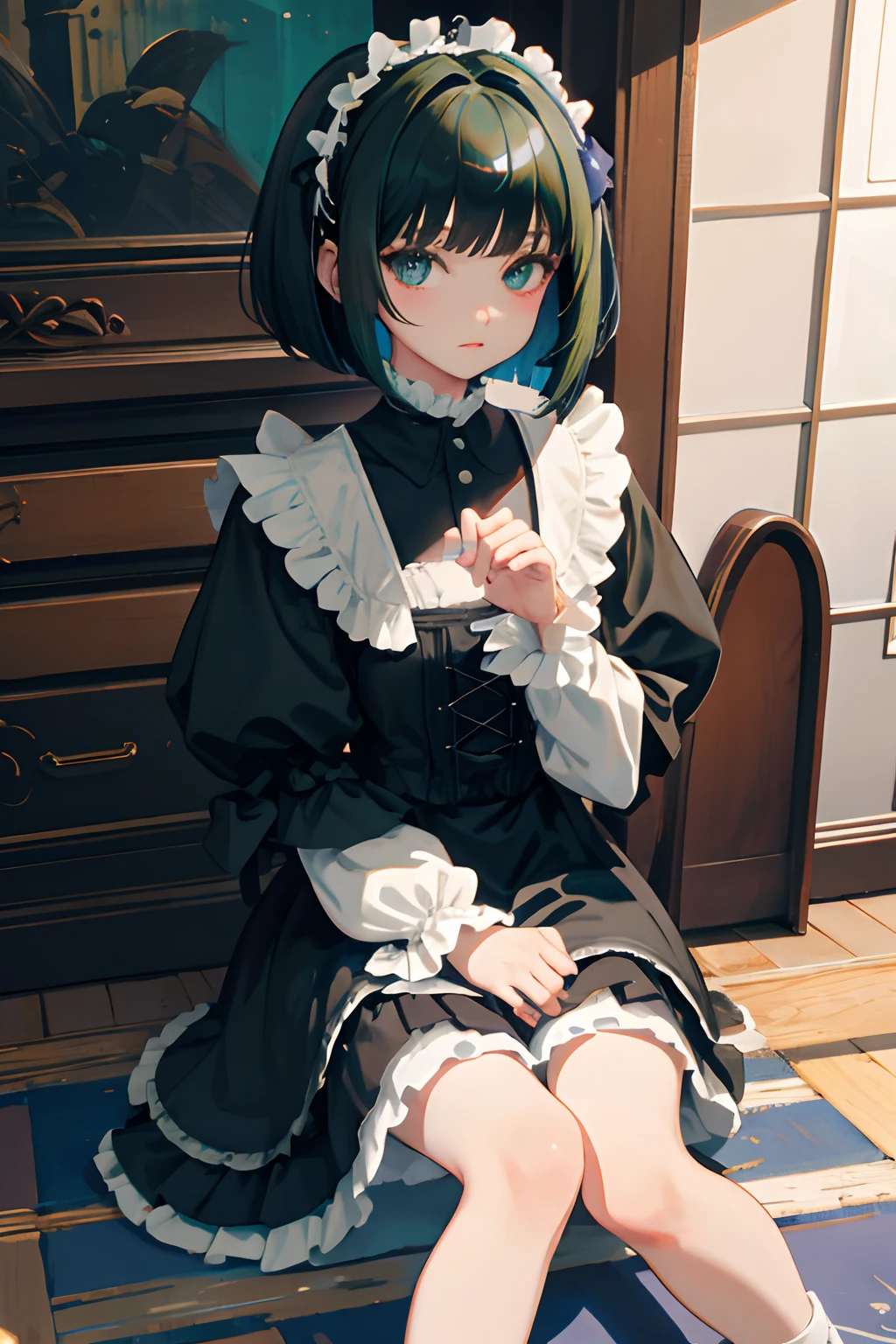 Holding your knees，sitting down on the floor，child，（​masterpiece，Highest Quality），Blue-green Gothic ta，A dark-haired，Medium bob