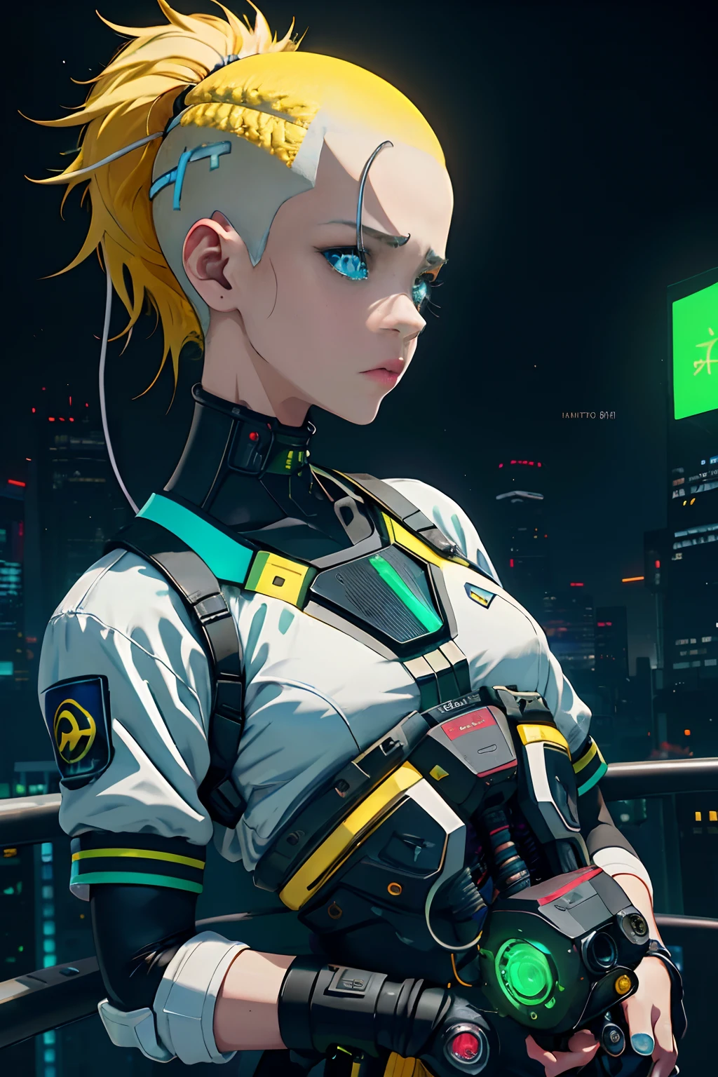 anime girl with carrier pack and (((white, yellow and grey uniform))) in the city, (((side head shaved ))) high hip strings, optic fiber filaments, , cyberpunk accesories, high ponytail with neon thin wires, ((neon wires on hair)) , silver metal, City neon ligths on him, girl on spotligth, almost dark figure with ligths hiting her body on eyes, very dark ambient, cyan, green, blue, brown, orange palette, cold tones, looking away, very serious attitude, punk attitude, ligth particles, polution, grim world, sadness, radioactive city, gloom ambient, damage tubular structures, crowded city, ((brilliant drones beetween skycrappers)) ((character take 60% of composition)) ((Hiper realistic 4K backgrounds)) (((futuristic car)))