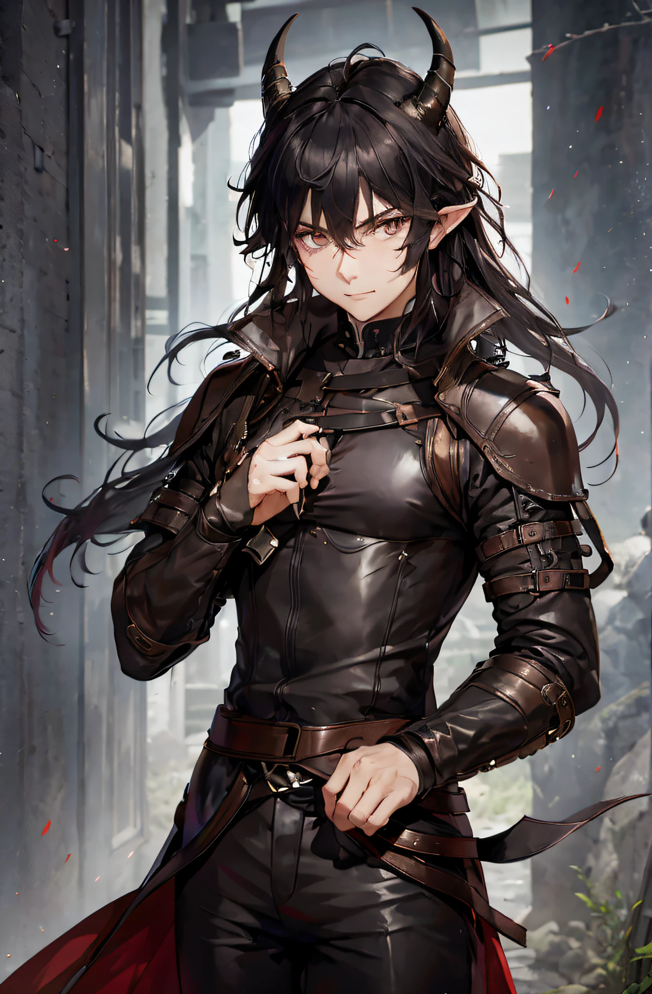 (Meisterwerk), best quality, ultra-high resolution, ((Ein Mann)), Junge, masculine, elegant, ausdrucksstarke Augen, Perfektes Gesicht, half body, Blick auf den Betrachter, dutch angle, CowJunge erschossen, langes schwarzes Haar mit langem Pferdeschwanz, lila Augenfarbe, langelfenartige Ohren, two long demon horns on their heads, leather armor, Clothing for the Middle Ages, assasin, Dolch, easy smile, detaillierter Hintergrund, mittelalterliche Gasse, Extreme Detailgenauigkeit, 4K