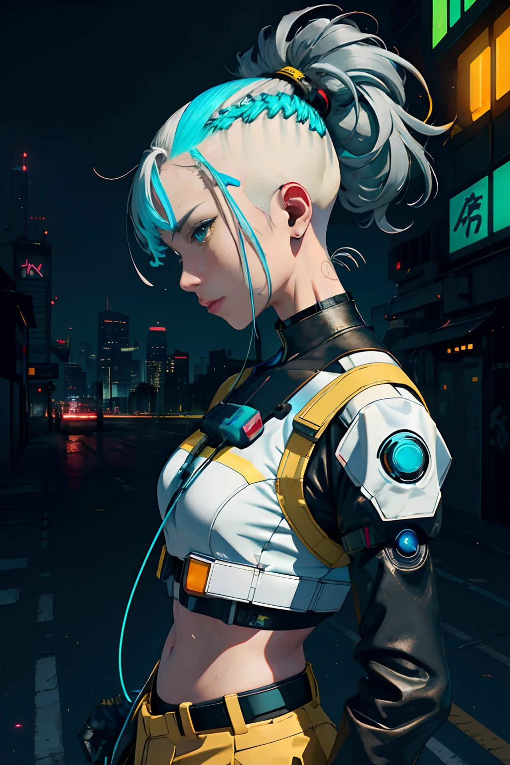 anime girl with carrier pack and (((white, yellow and grey uniform))) in the city, (((side head shaved ))) high hip strings, optic fiber filaments, , cyberpunk accesories, high ponytail with neon thin wires, ((neon wires on hair)) , silver metal, City neon ligths on him, girl on spotligth, almost dark figure with ligths hiting her body on eyes, very dark ambient, cyan, green, blue, brown, orange palette, cold tones, looking away, very serious attitude, punk attitude, ligth particles, polution, grim world, sadness, radioactive city, gloom ambient, damage tubular structures, crowded city, ((brilliant drones beetween skycrappers)) ((character take 60% of composition)) ((Hiper realistic 4K backgrounds)) (((futuristic car)))