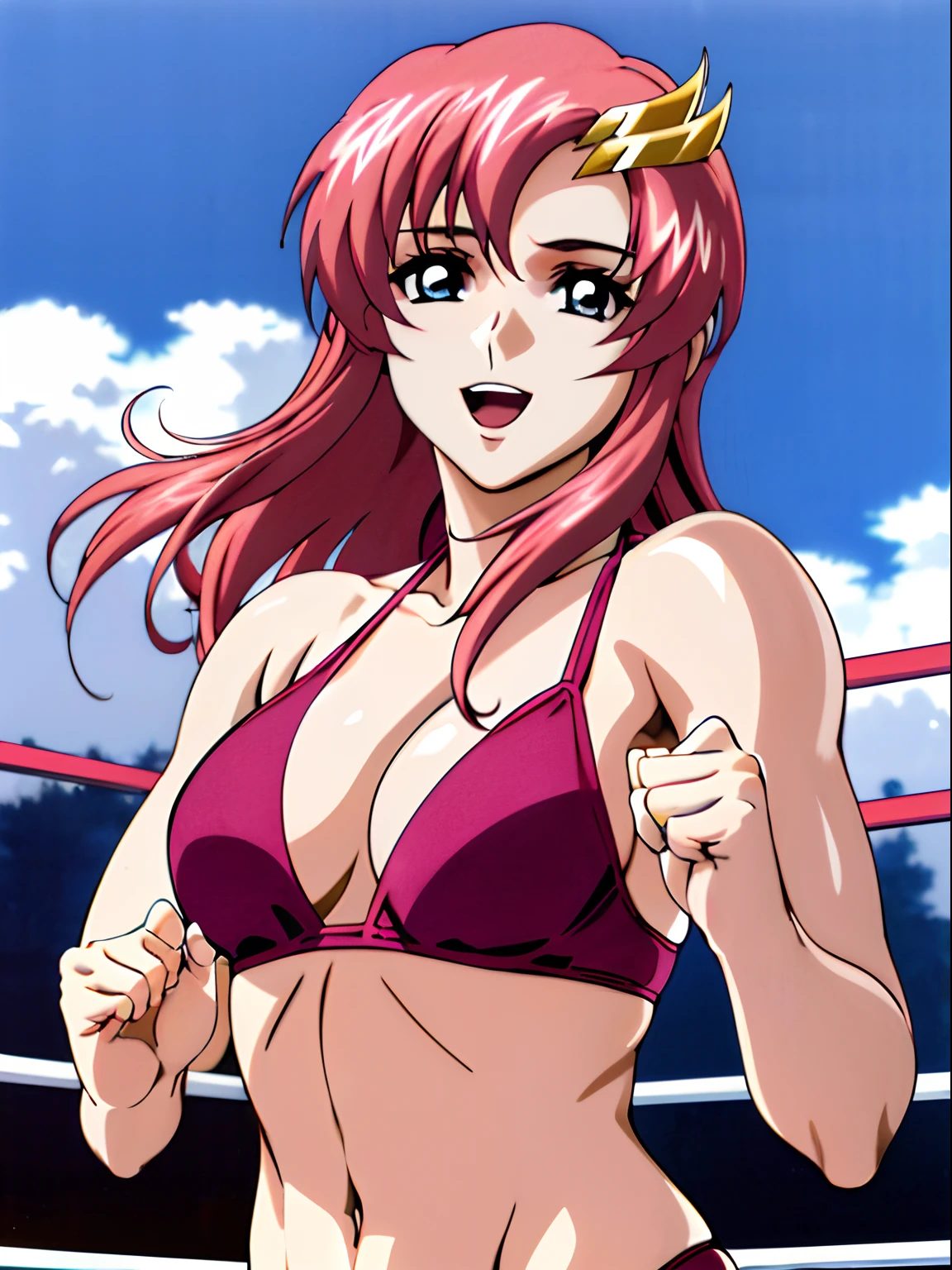 (masterpiece, upper body view, 4K, Best Quality, Anime style: 1.9,, Adult Woman, ultra detailed face, (cloud background, wrestling), Drawing lines, high resolution, Anime, lacus4), 1girl, Solo, curvy figure, Long hair, 鎖骨, scapular, (Detailed wide hair bangs, Hair Ornament, Detailed reddish-pink hair, golden crest), cleavage, large hands, (female wrestler). (Big blue eyes, shiny eyes), ((female wrestler, little biceps, slender body, broad shoulders, closed fists)), ((perfect proportions, medium breasts, long belly)), (((bikini, pink wrestling gear))), happy, smile, open mouth, (standing, looking at the viewer), showing off underarm
