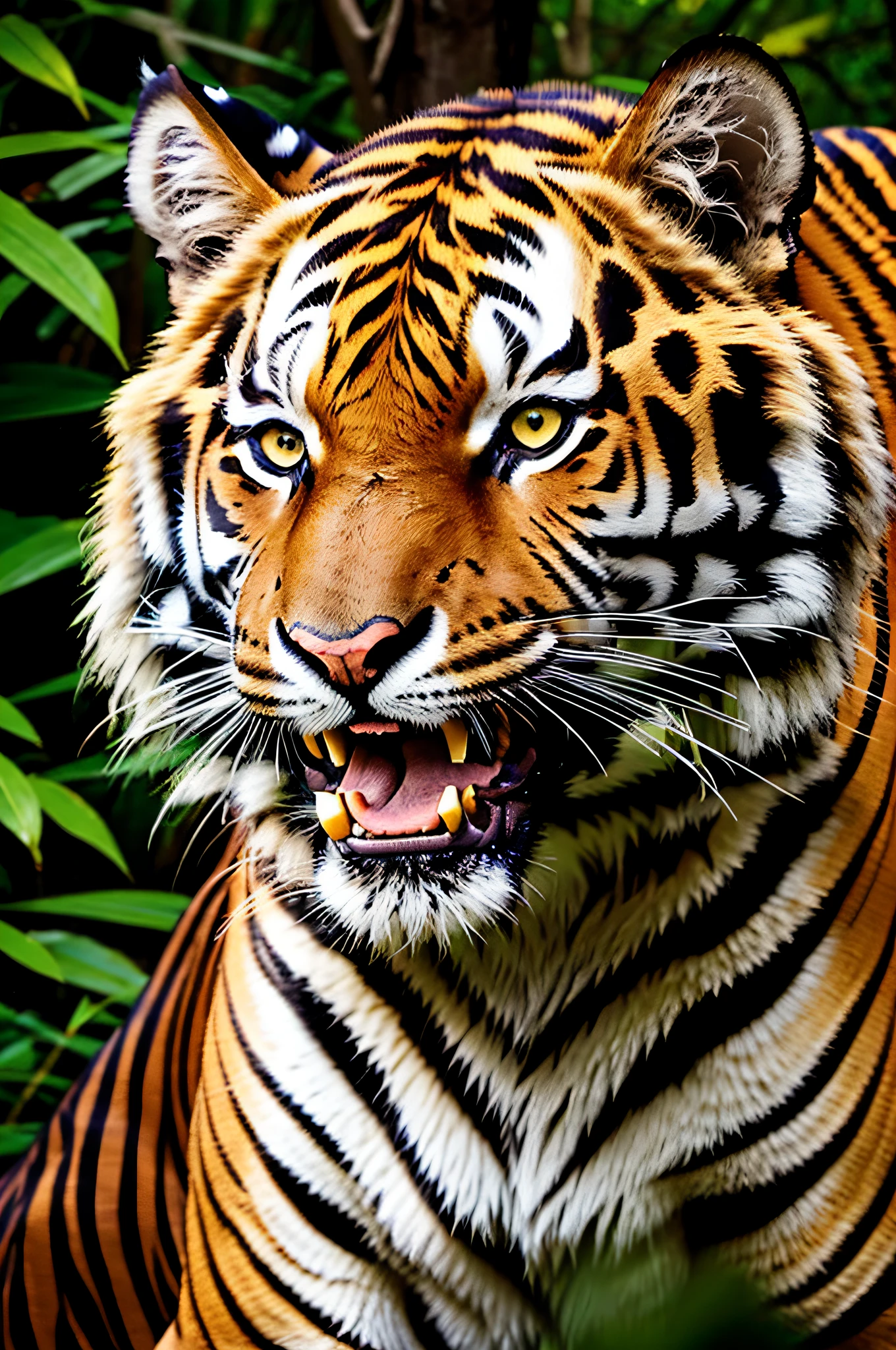 A bengal tiger in a forest, with dark yellow eyes, while roaring,