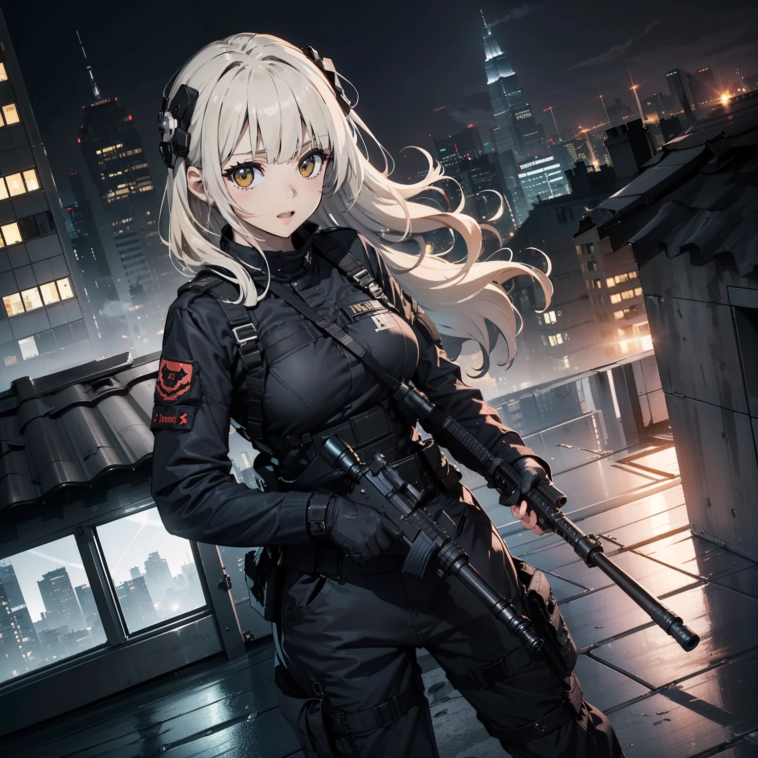 (Trained female soldiers)、((Aim and fire your rifle:1.4、Sniper regime、guns、h&K HK416))、1 Women、thick body、(Black combat uniform)、(platinum-blonde-hair:1.2)、((超A high resolution))、Detail Write、masterpiece、top-quality、extremely details CG、8K picture quality、Cinematographic lighting、lensflare、(Skyscraper rooftop at night:1.4)、Hyper-detailing、((Dynamic Angle Bust Shots:1.4))、Detailed firearm depiction、Rifle with perfect detail、Perfect barrel that does not distort、Fighter in the sky、Military drones
