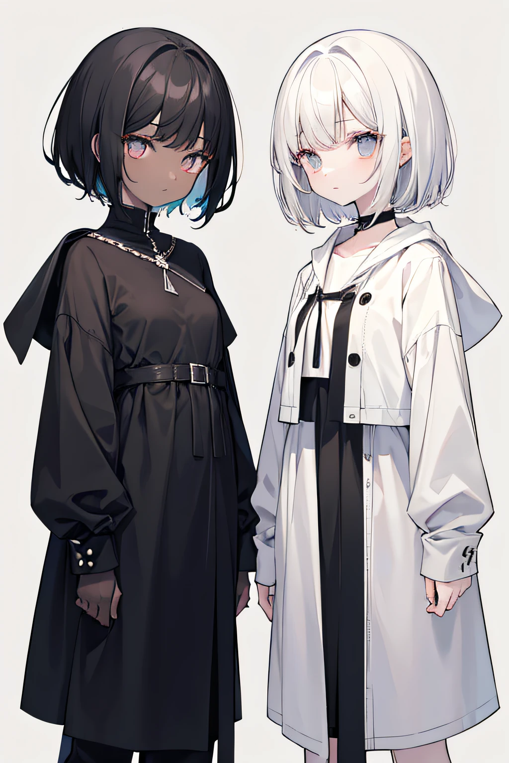 Female, 2 girl, twins girl, short hair, hair color one girl white hair other girl black hair, body height: short, color skin one girl white pale other girl dark skin, (color eyes: hazel), short breats, color background: gray, (SFW).