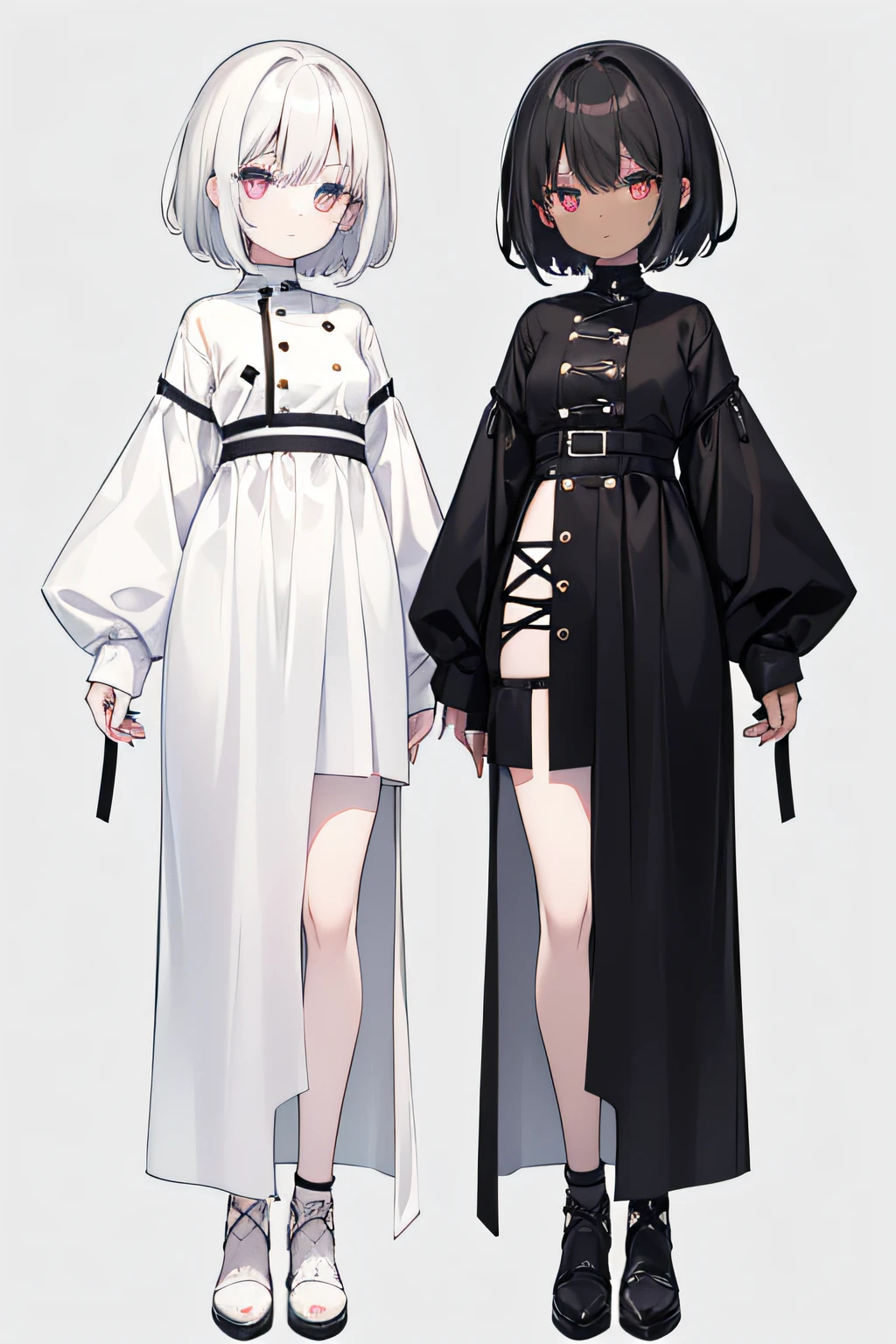 Female, 2 girl, twins girl, short hair, hair color one girl white hair other girl black hair, body height: short, color skin one girl white pale other girl dark skin, (color eyes: hazel), short breats, color background: gray, (SFW).