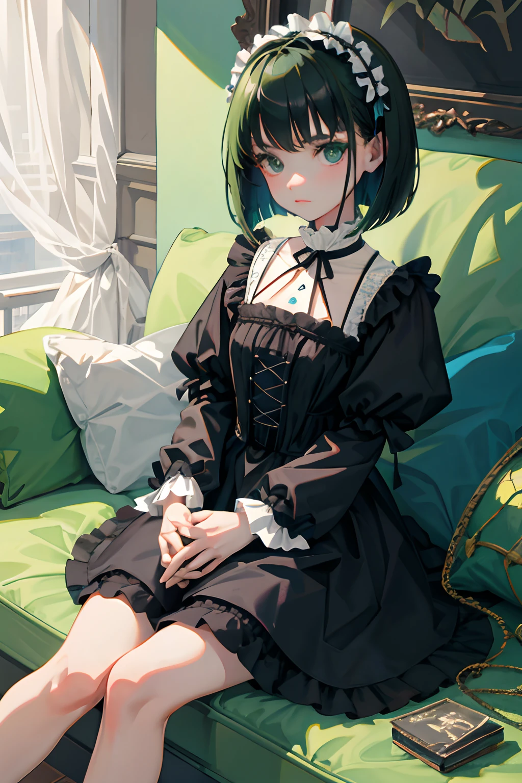 Holding your knees，sitting down on the floor，，（​masterpiece，Highest Quality），Blue-green Gothic Lolita，A dark-haired，Medium bob