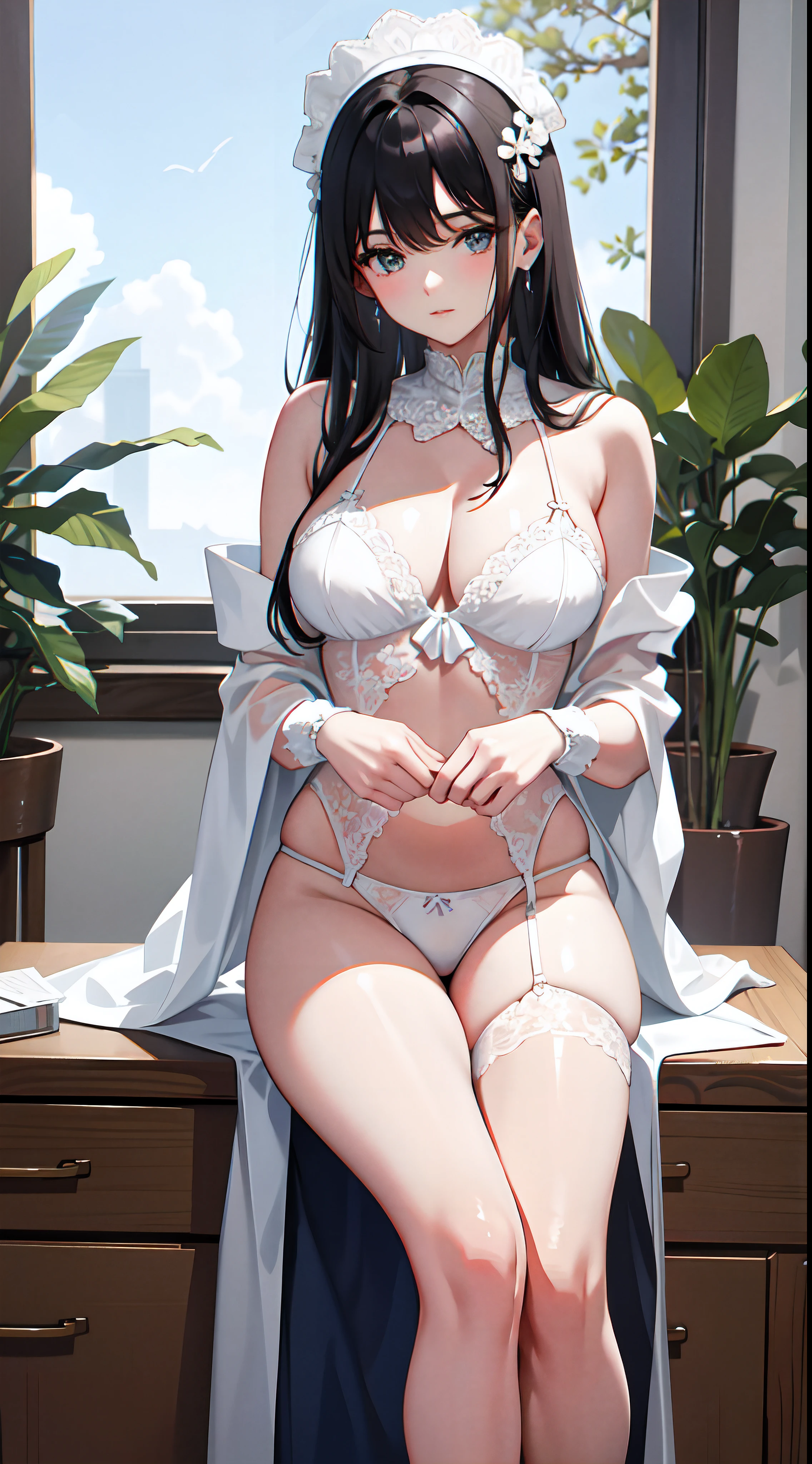 a beauti,wearing white lace lingerie,Big chest,Exposing thighs,Perfect hands,is shy,seductiv,sit on chair