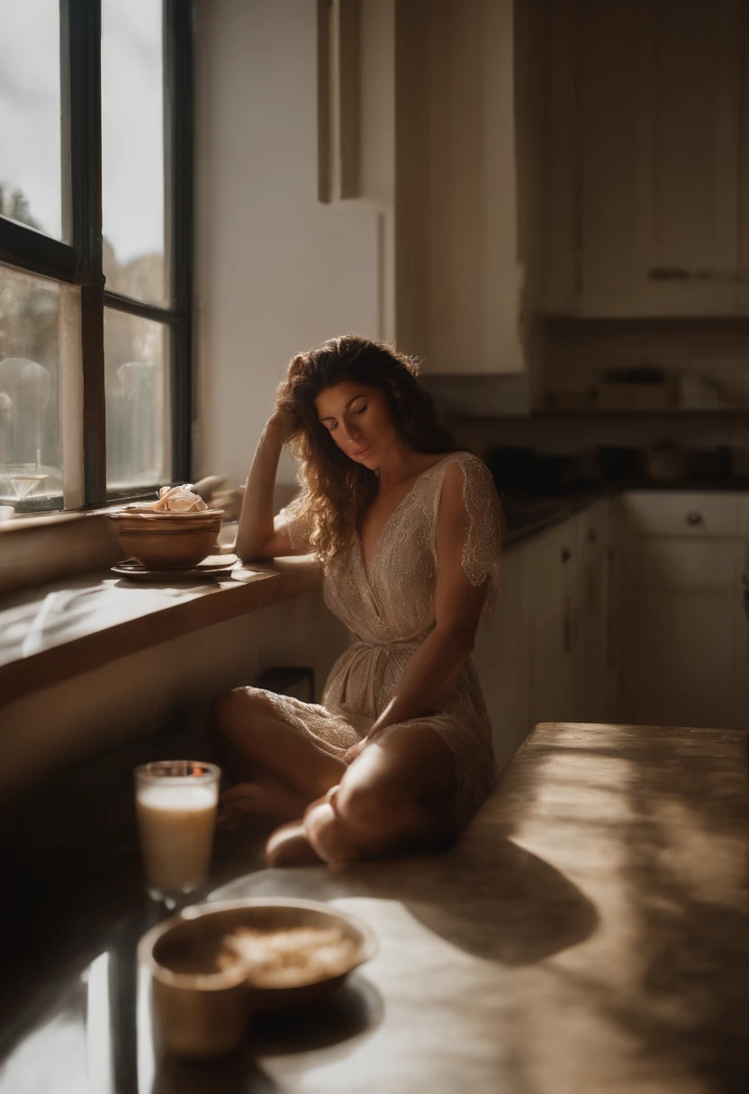 Mujer morena clara tomando cafe en un banco de cocina, desnuda usando una bata para dormir transparente