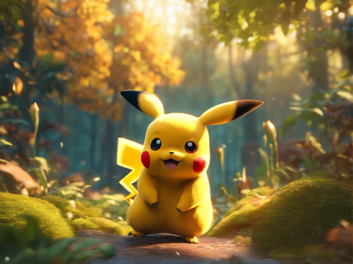(no humans), (masterpiece), (high level of detail), (maximum resolution), {natural scene}, cinematic lighting, realism, CG rendering in 8K, Pikachu amidst a lush forest, utilizing the Octane engine, UHD quality, precise depth of field, vibrant and saturated colors, a distinctive glow, a true masterpiece of the highest quality.