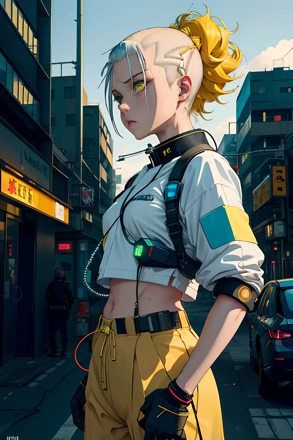anime girl with carrier pack and (((white, yellow and grey uniform))) in the city, (((side head shaved ))) high hip strings, optic fiber filaments, , cyberpunk accesories, high ponytail with neon thin wires, ((neon wires on hair)) , silver metal, City neon ligths on him, girl on spotligth, almost dark figure with ligths hiting her body on eyes, very dark ambient, cyan, green, blue, brown, orange palette, cold tones, looking away, very serious attitude, punk attitude, ligth particles, polution, grim world, sadness, radioactive city, gloom ambient, damage tubular structures, crowded city, ((brilliant drones beetween skycrappers)) ((character take 60% of composition)) ((Hiper realistic 4K backgrounds)) (((futuristic car)))