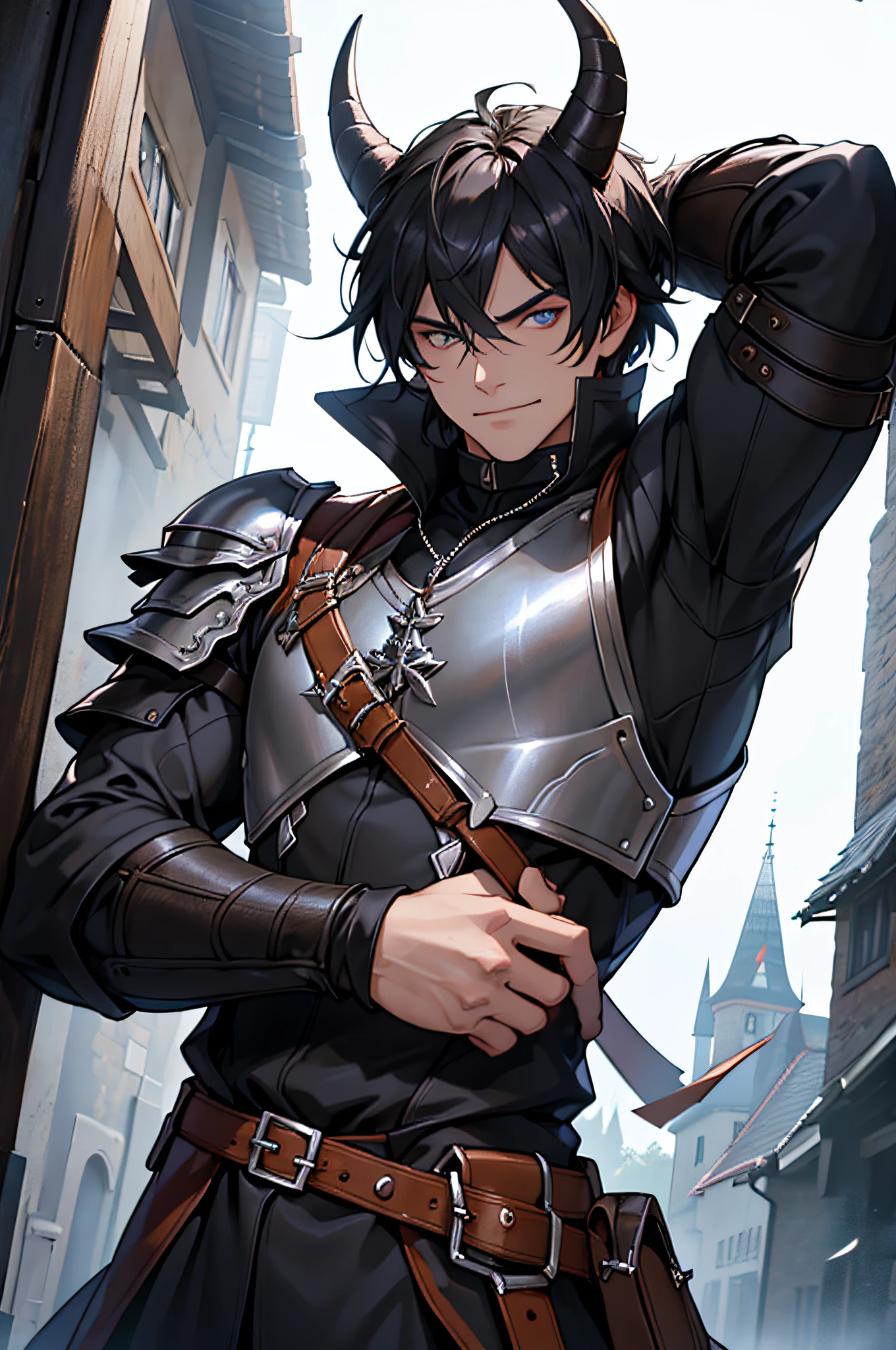 (Meisterwerk), best quality, ultra-high resolution, ((Ein Mann)), Junge, masculine, elegant, ausdrucksstarke Augen, Perfektes Gesicht, half body, Blick auf den Betrachter, dutch angle, CowJunge erschossen, langes schwarzes Haar mit langem Pferdeschwanz, lila Augenfarbe, langelfenartige Ohren, two long demon horns on their heads, leather armor, Clothing for the Middle Ages, assasin, Dolch, easy smile, detaillierter Hintergrund, mittelalterliche Gasse, Extreme Detailgenauigkeit, 4K