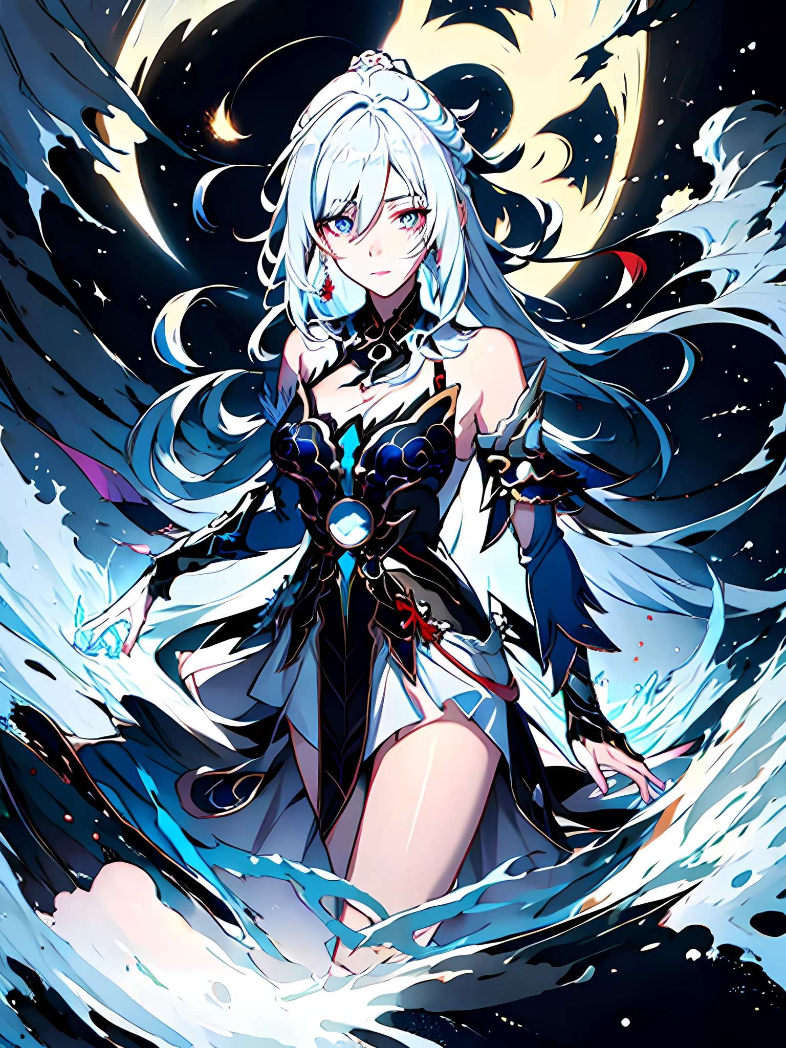 anime girl with white hair and blue eyes in a black outfit,white haired deity, Jingliu Honkai Star Rail, detailed art,portrait, anime goddess, high detailed official artwork, Honkai Star Rail