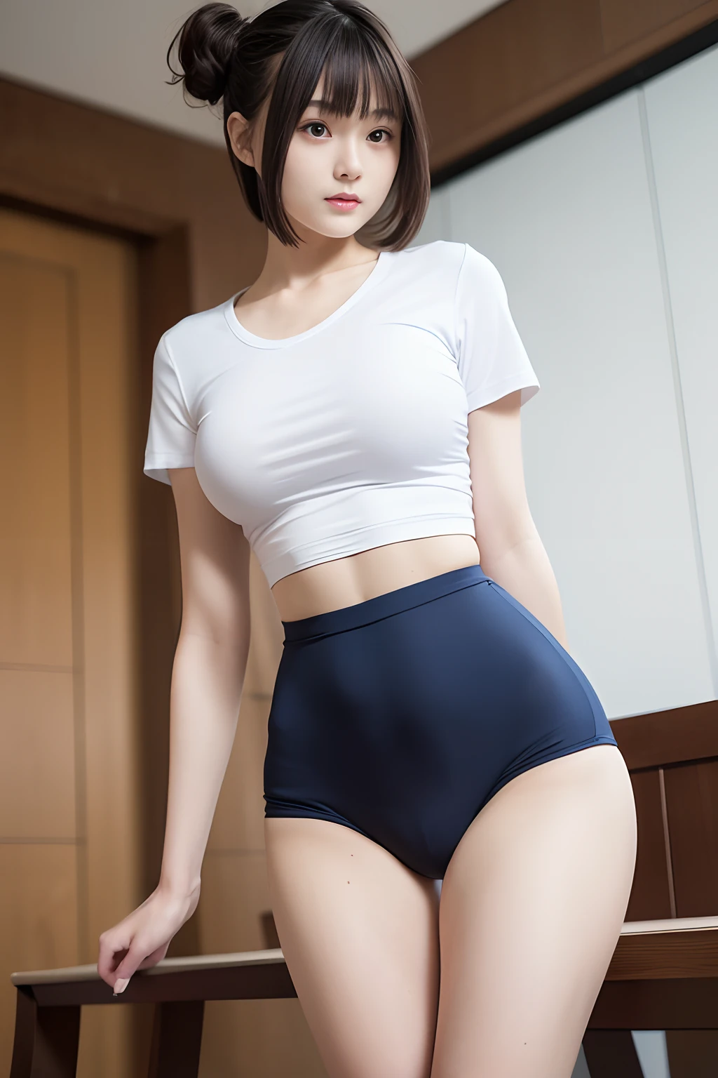 NSFW, (masutepiece, 8K, Photorealistic, Raw photo, Best Quality, sharp: 1), (1girl in, Solo:1.1), Highly detailed face, Beautiful face, (Realistic face), Beautiful hairstyle, Realistic eyes, Beautiful detailed eyes, (Realistic skin), Beautiful skin, 超A high resolution, A hyper-realistic, Highly detailed, (pureerosface_v1:0.2), (European Preteen:1.2), (Japan Preteen:0.9), (, Pretty girl:1.3), (Lori:1.1)High Nose, Slim body, Slender girl, Detailed Muddlebust, Slim thighs, Slim legs, small  hip, (Tight white t-shirt:1.3), show underboob, half undress, ((Tight navy bloomers)) (Double bun, Blunt bangs), ((in girls locker room)), (From below:1.5), ((prone bone, Benches)) Focus between legs,
