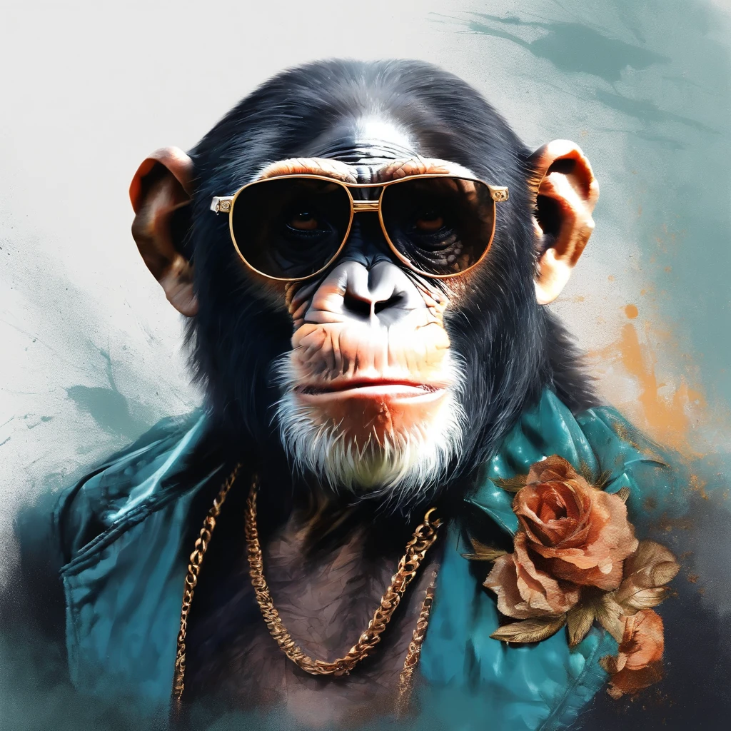 Perfect centralization, chimp, wearing a jacket,vidros de vidro,Rosa da flor, wearing sunglasses, alegria, Standing position, beleza abstrata, Centrado, looking at the camera, Facing the camera, nearing perfection, Dynamic, altamente detalhado, liso, foco nítido, 8k, high-definition resolution, illustration, arte de Carne Griffiths e Wadim Kashin, fundo branco