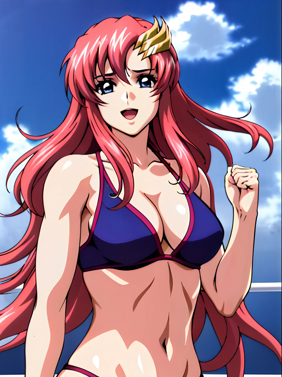 (masterpiece, upper body view, 4K, Best Quality, Anime style: 1.9,, Adult Woman, ultra detailed face, (cloud background, wrestling), Drawing lines, high resolution, Anime, lacus4), 1girl, Solo, curvy figure, Long hair, 鎖骨, scapular, (Detailed wide hair bangs, Hair Ornament, Detailed reddish-pink hair, golden crest), cleavage, large hands, (female wrestler). (Big blue eyes, shiny eyes), ((female wrestler, little biceps, slender body, broad shoulders, closed fists)), ((perfect proportions, medium breasts, long belly)), (((bikini, pink wrestling gear))), happy, smile, open mouth, (standing, looking at the viewer), showing off underarm