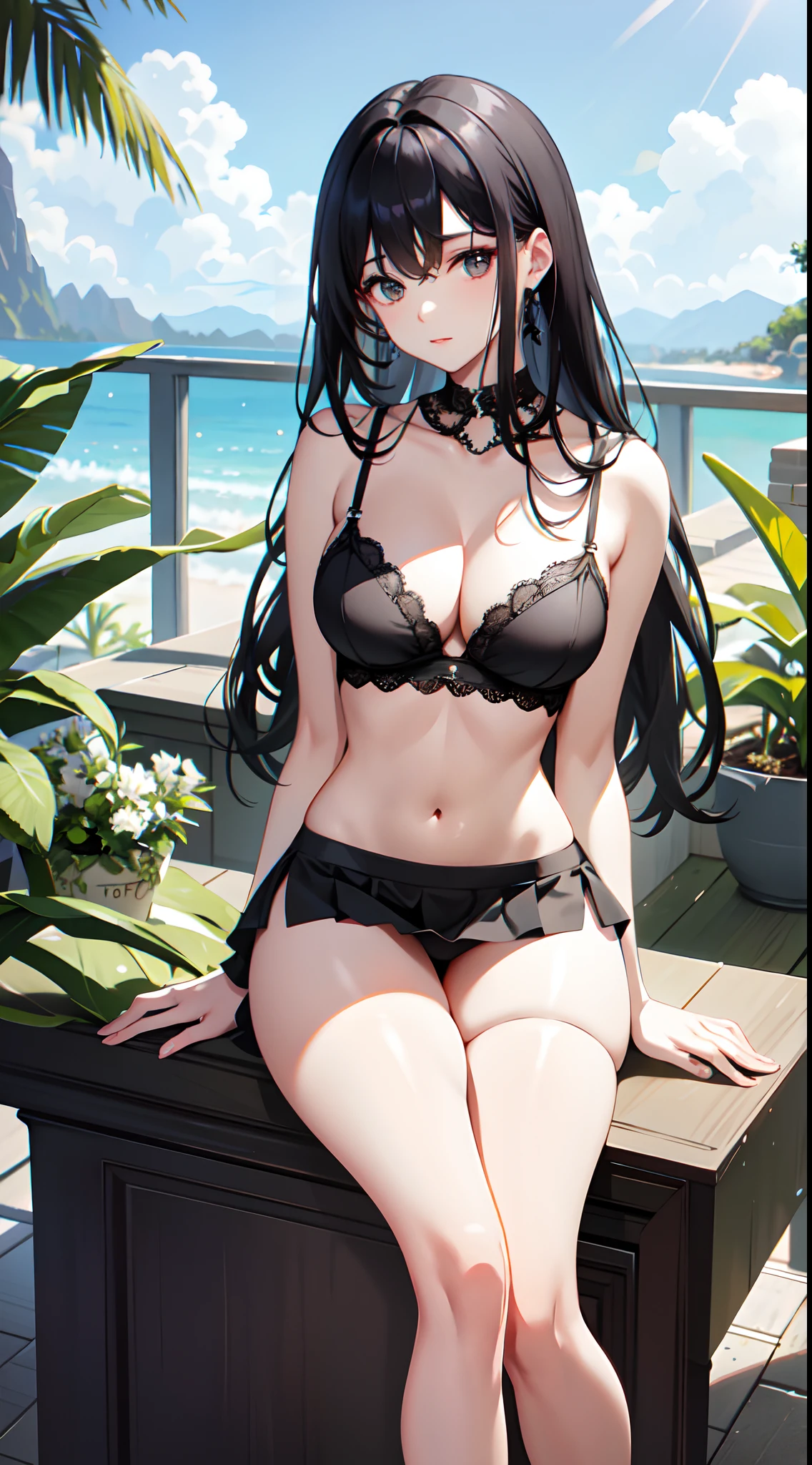 a beauti，clean black hair，Wearing suspendless white lace underwear，Big chest，Wearing a hip-wrapped skirt，Exposing thighs，Perfect hands，is shy，seductiv，sittinng on the desk