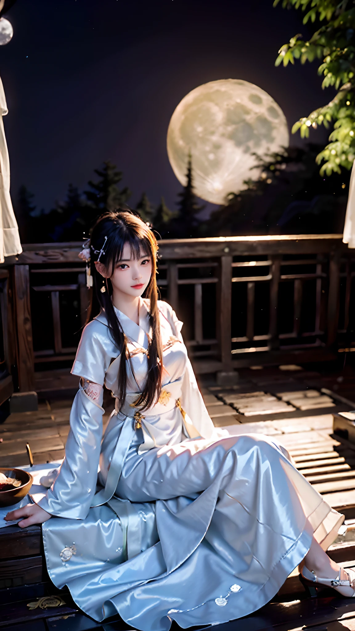 (Best quality,A high resolution,Masterpiece:1.2),(Ultra-detailed,Realistic:1.37),Oil painting,Chinese traditional style,Moonlit Night,serene gardens,Ancient architecture,Gentle breeze,tranquil ambiance,Starry sky,Serene reflection,tranquilbeauty,Delicate flowers,traditionalcostumes,Balcony,Poetic landscape,Silhouette in shadow,exquisite detailing,Elegant gestures,Calm expression,historical charm,(Moon:1.5),romantic atmoshere,ethereal glowing,Charming Patterns,Mysterious Shadows,Soft moonlight,Fantastic tranquility,bamboo grove,Silence and silence,Traditional music,Melancholic nostalgia,Vibrant colors,Harmonious composition,masterful brushstrokes,subtle texture,Rhythmic lines,Sublime beauty,Ancient wisdom,brooding mood,Whispering tree,graceful figures,Immaculate calligraphy,zen atmosphere