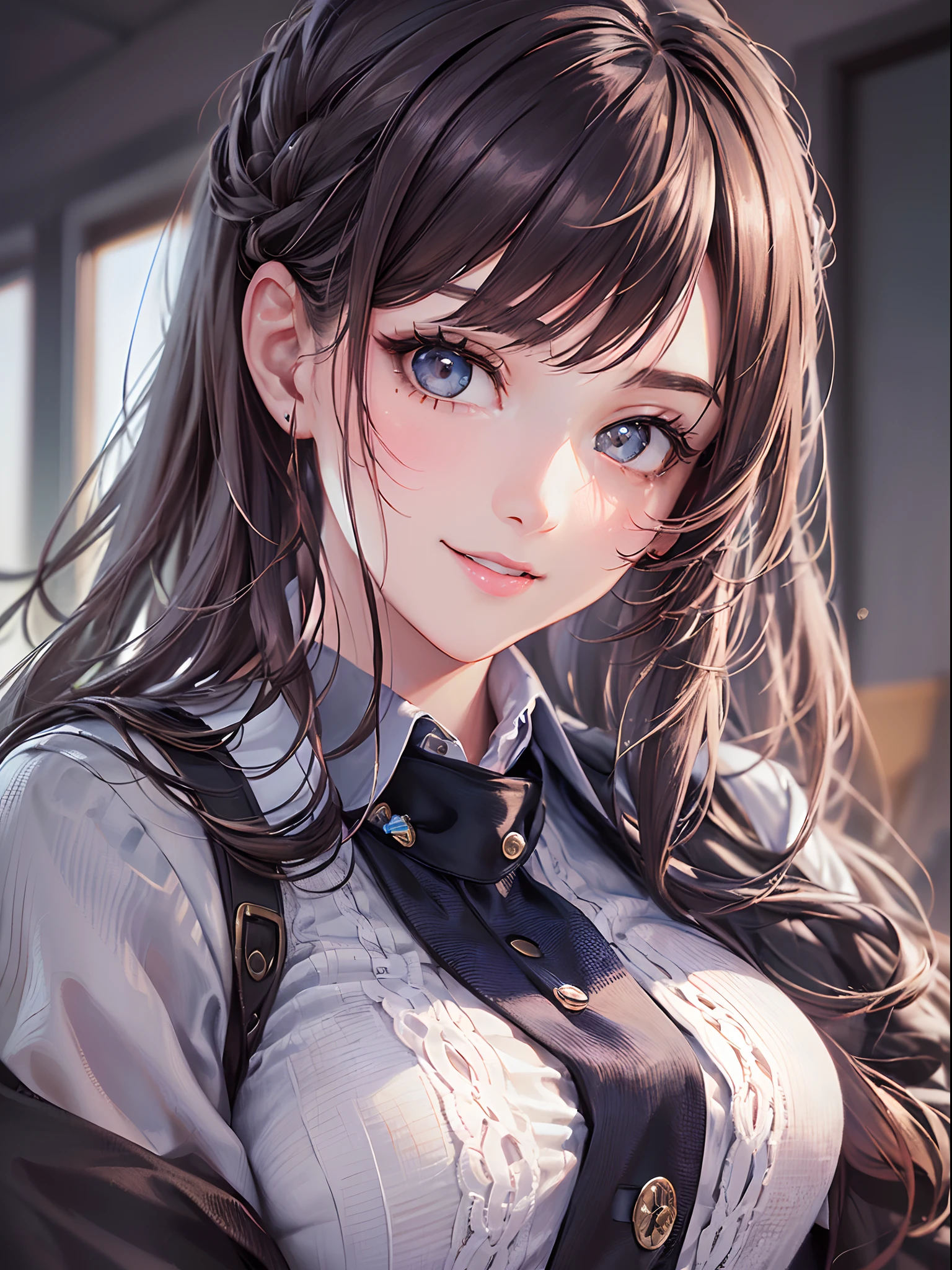 (Finest quality)),(超A high resolution),(ultra-detailliert),(Meticulous portrayal),((The best photos)),(Finest works of art),Ultra-Precision Art,The art of astounding depiction, (hi-school girl:1.5),blazers:1.3, (Beautiful face with dense and detailed details:1.3),a smile:1.3,