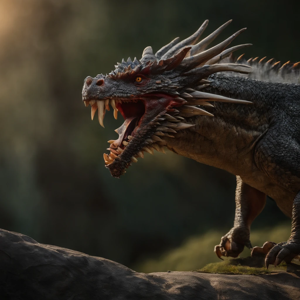 Tenryu Dorado,Rough red eyes,Close-up of the release of blood fire from the nose,Escamas de pecho,Alta calidad,8k,Muchos detalles,Lechuga de fuego,ay,4 patas,Garras manchadas,Oros,Peligros,Fuegos,dientes afilados,big dragon,inmensidad,amenazador,imponente