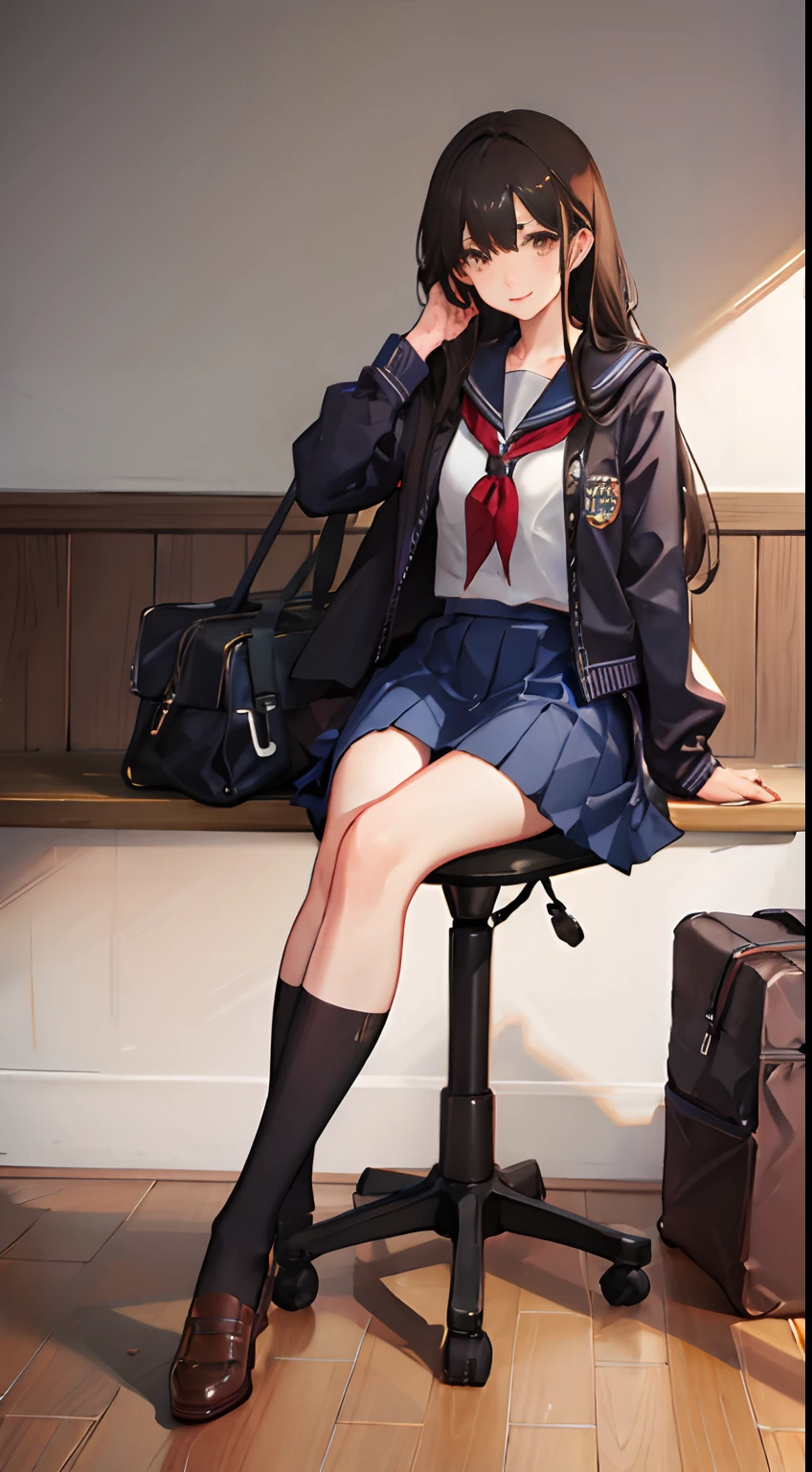 ((masutepiece, Best Quality)),Best aesthetic,1girl in, School uniform, desk work, Sitting, School Desk, Brown hair, crass room, Long hair, Indoors, Chair, Looking at Viewer, :P, Solo Focus, Brown eyes, Skirt, Long sleeves, Pencil, 1 boy, pencil case, paper, black serafuku, Multiple girls, Pleated skirt, Sailor collar, Bangs, head rest, School bag, school chair