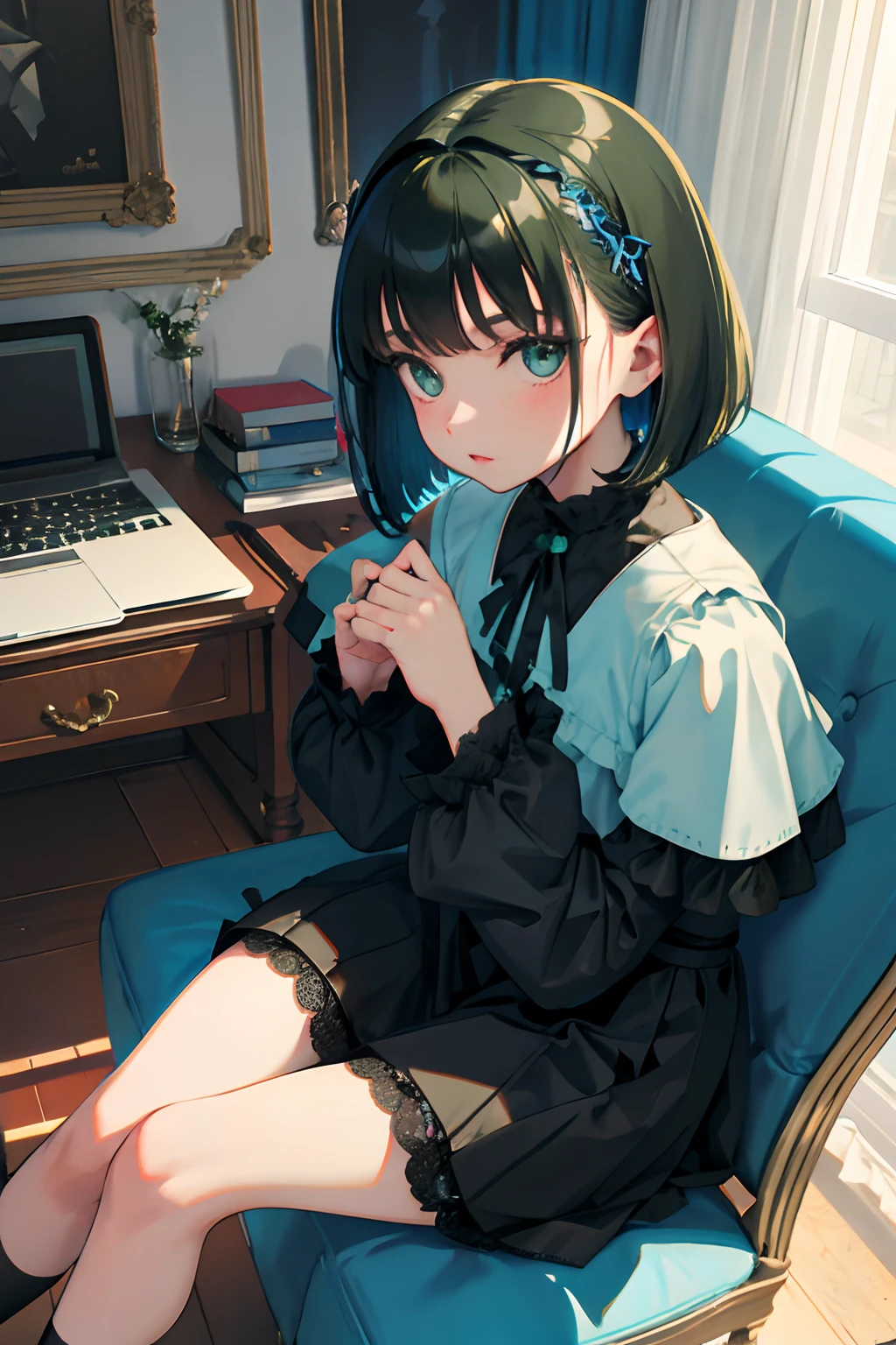 Holding your knees，sitting down on the floor，child，（​masterpiece，Highest Quality），Blue-green Gothic Lolita，A dark-haired，Medium bob