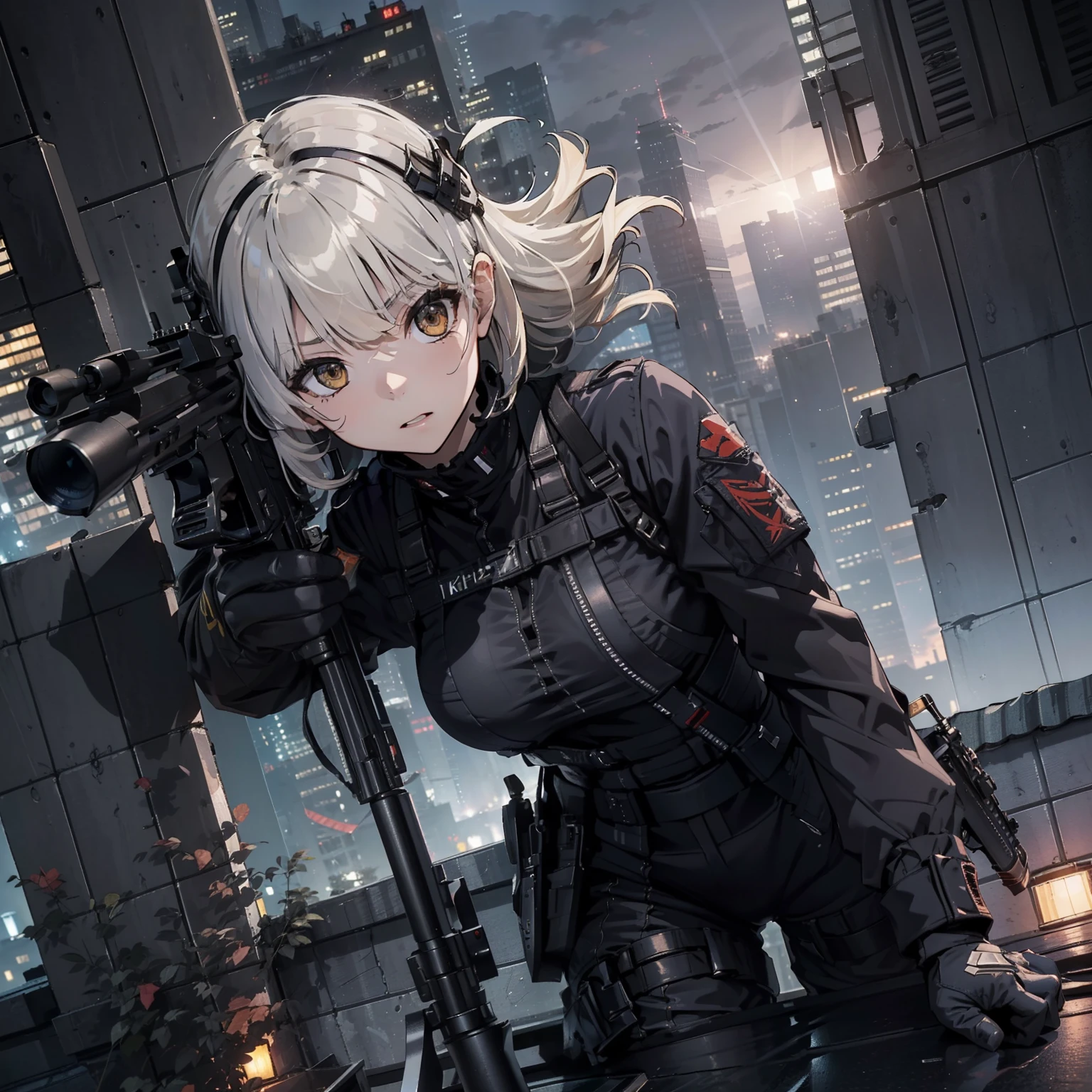(Trained female soldiers)、((Aim and fire your rifle:1.4、Sniper stance、guns、h&K HK416))、1 Women、thick body、(Black combat uniform)、(platinum-blonde-hair:1.2)、((超A high resolution))、Detail Write、masterpiece、top-quality、extremely details CG、8K picture quality、Cinematographic lighting、lensflare、(Skyscraper rooftop at night:1.4)、Hyper-detailing、((Dynamic Angle Bust Shots:1.4))、Detailed firearm depiction、Rifle with perfect detail、Perfect barrel that does not distort、Fighter in the sky、Military drones