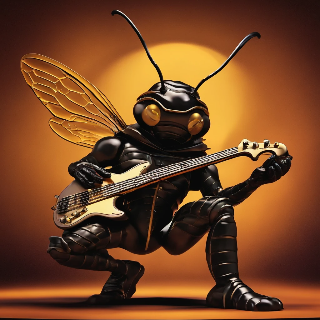 Heavy metal bee playing fender bass on planet Venus