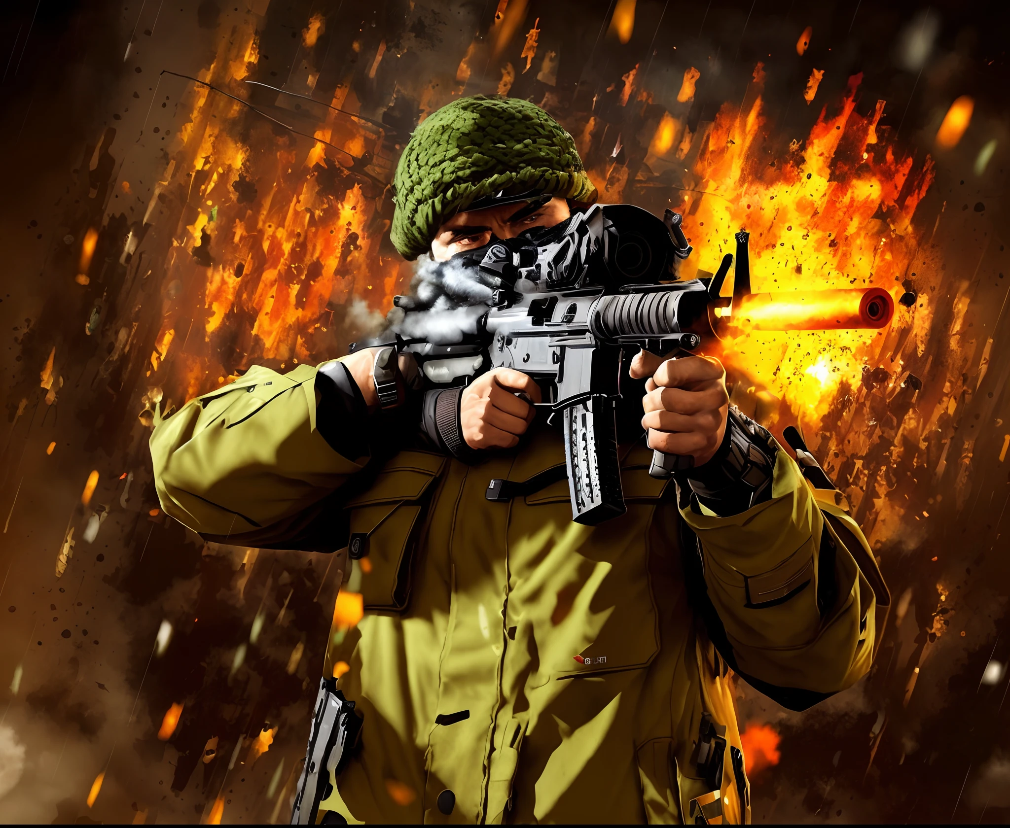 arafed man in a green hat holding a gun in the rain, wielding assault rifle, airsoft cqb, airsoft close quarter combat, dramatic action photography, a soldier aiming a gun, man is carrying a rifle, 3rd person shooter, dramatic wielding gun pose, military photography, urban warfare, fps shooter game, military weaponry, airsoft gun, profile shot, concept art like ernest khalimov, character art the contra, expert high detail concept art, apex legends character, kane from command & conquer, official character art, in style of apex legends, frostbite 3 rendered