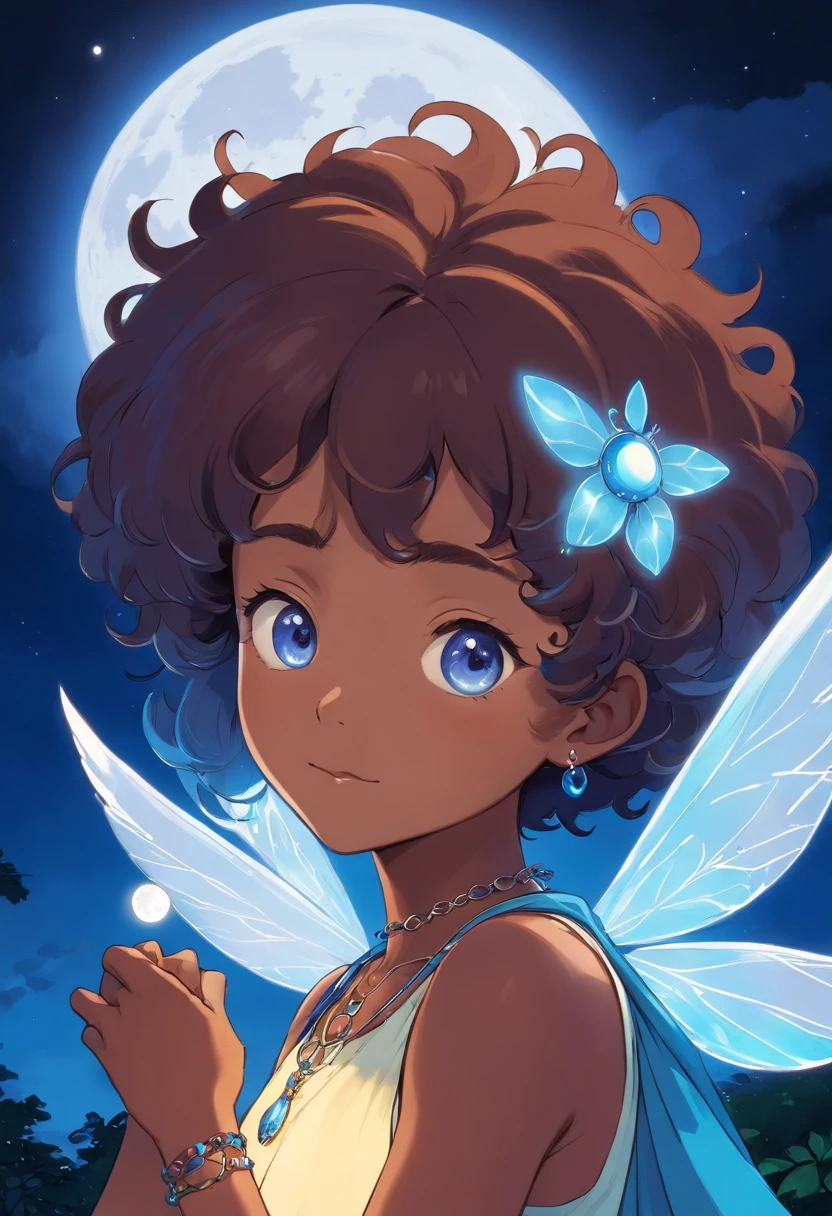 Cover for a story with a drawing of a fairy with dark skin and curly hair with a moon-shaped necklace and a bright blue light