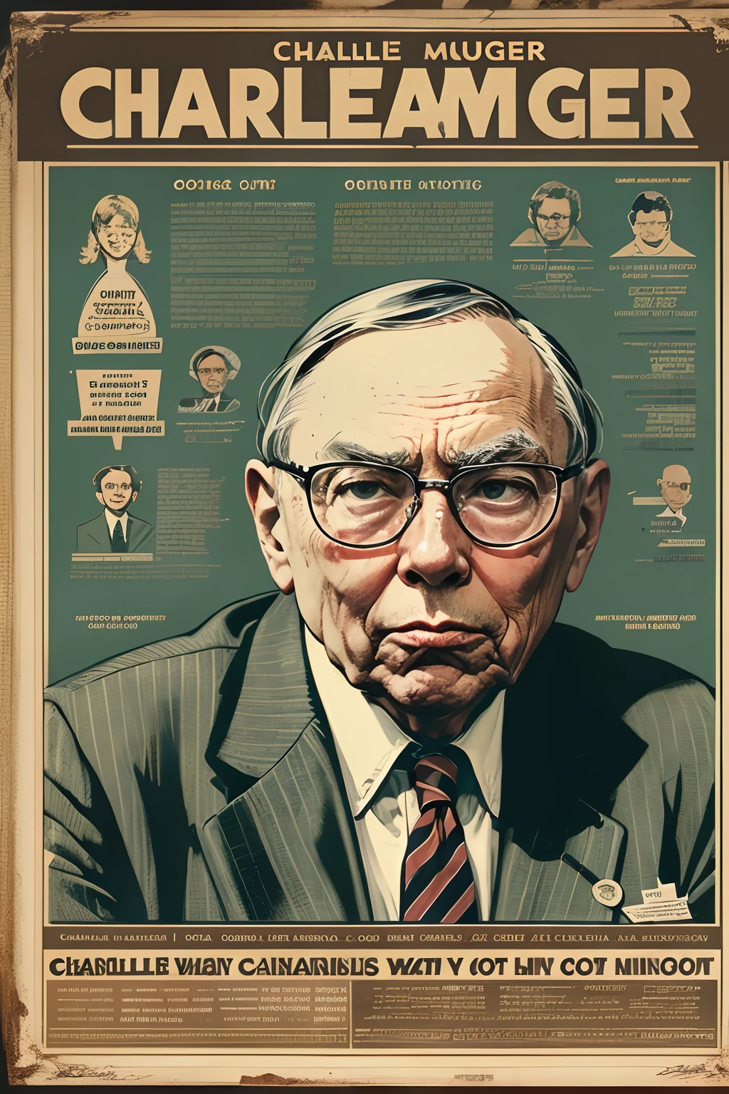 Charlie Munger's speech poster, Charlie Munger sat dignified, Medium shot, Pop art, Vintage, symetry