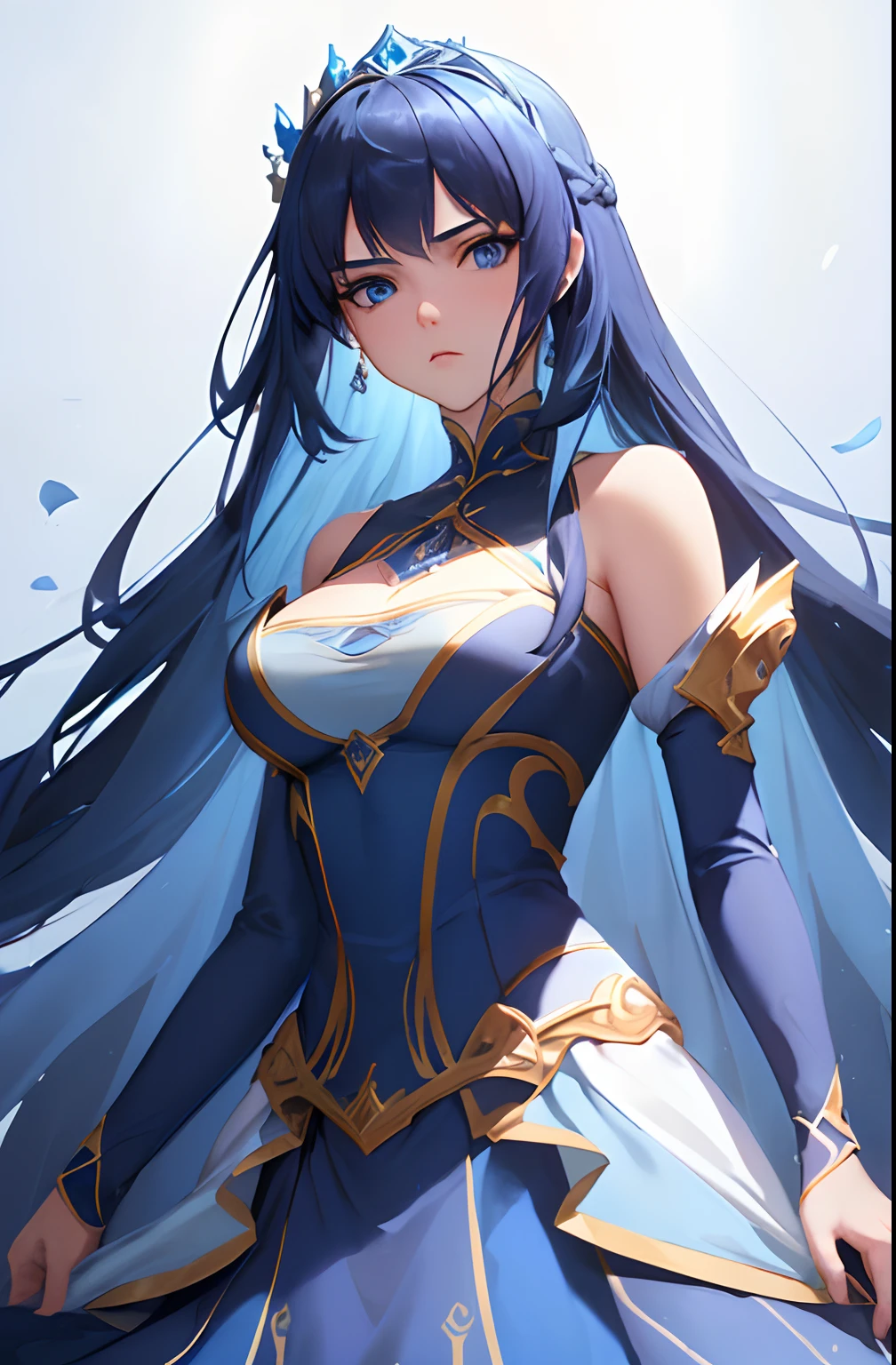 kk, best quality, more details, masterpiece, 1girl, female focus, solo, blue background, a princess in a gorgeous dress, blue eyes, long hair, blue hair, Looking at viewer, Luxury, 8k, Detail, ray tracing, Depth of field, Cinematic lighting, blue and yellow, Simple blue lines, simplified.