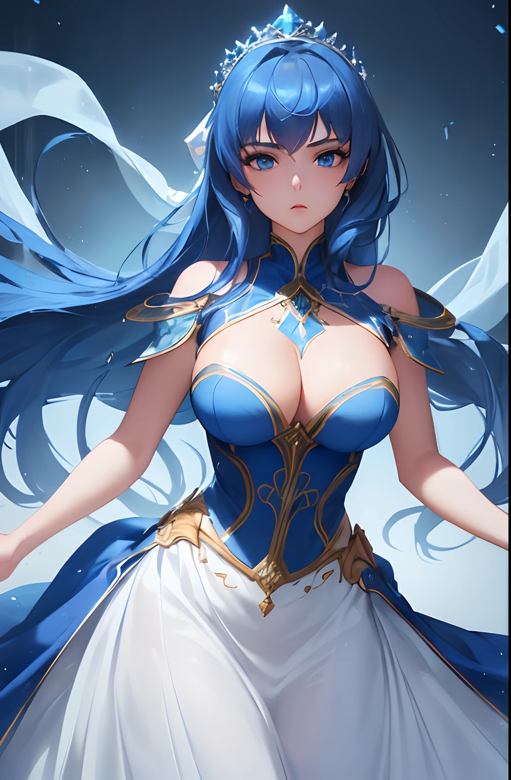 kk, best quality, more details, masterpiece, 1girl, female focus, solo, blue background, a princess in a gorgeous dress, blue eyes, long hair, blue hair, Looking at viewer, Luxury, 8k, Detail, ray tracing, Depth of field, Cinematic lighting, blue and yellow, Simple blue lines, simplified.