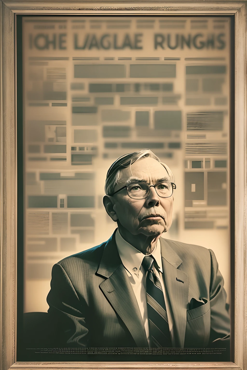 Charlie Munger's speech poster, Charlie Munger sat dignified, Medium shot, Pop art, Vintage, symetry