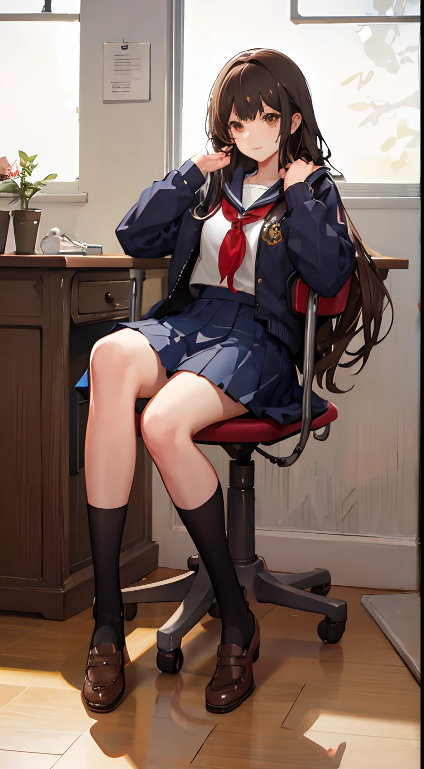 ((masutepiece, Best Quality)),Best aesthetic,1girl in, School uniform, desk work, Sitting, School Desk, Brown hair, crass room, Long hair, Indoors, Chair, Looking at Viewer, :P, Solo Focus, Brown eyes, Skirt, Long sleeves, Pencil, 1 boy, pencil case, paper, black serafuku, Multiple girls, Pleated skirt, Sailor collar, Bangs, head rest, School bag, school chair