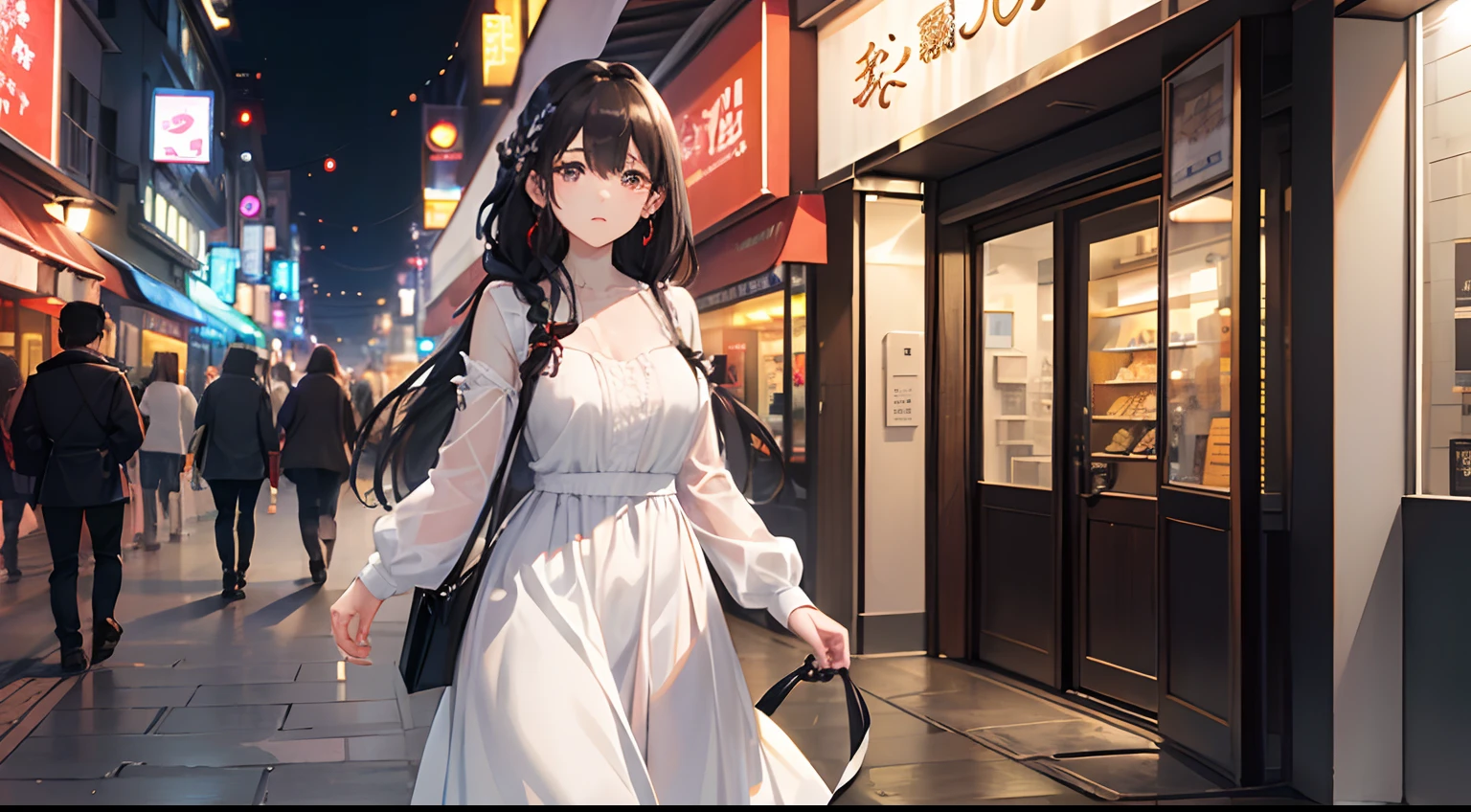 One lady(A dark-haired、Braided hair、Loosely tied in two、White dress、Walking、Troubled look)The background is a shopping street at night