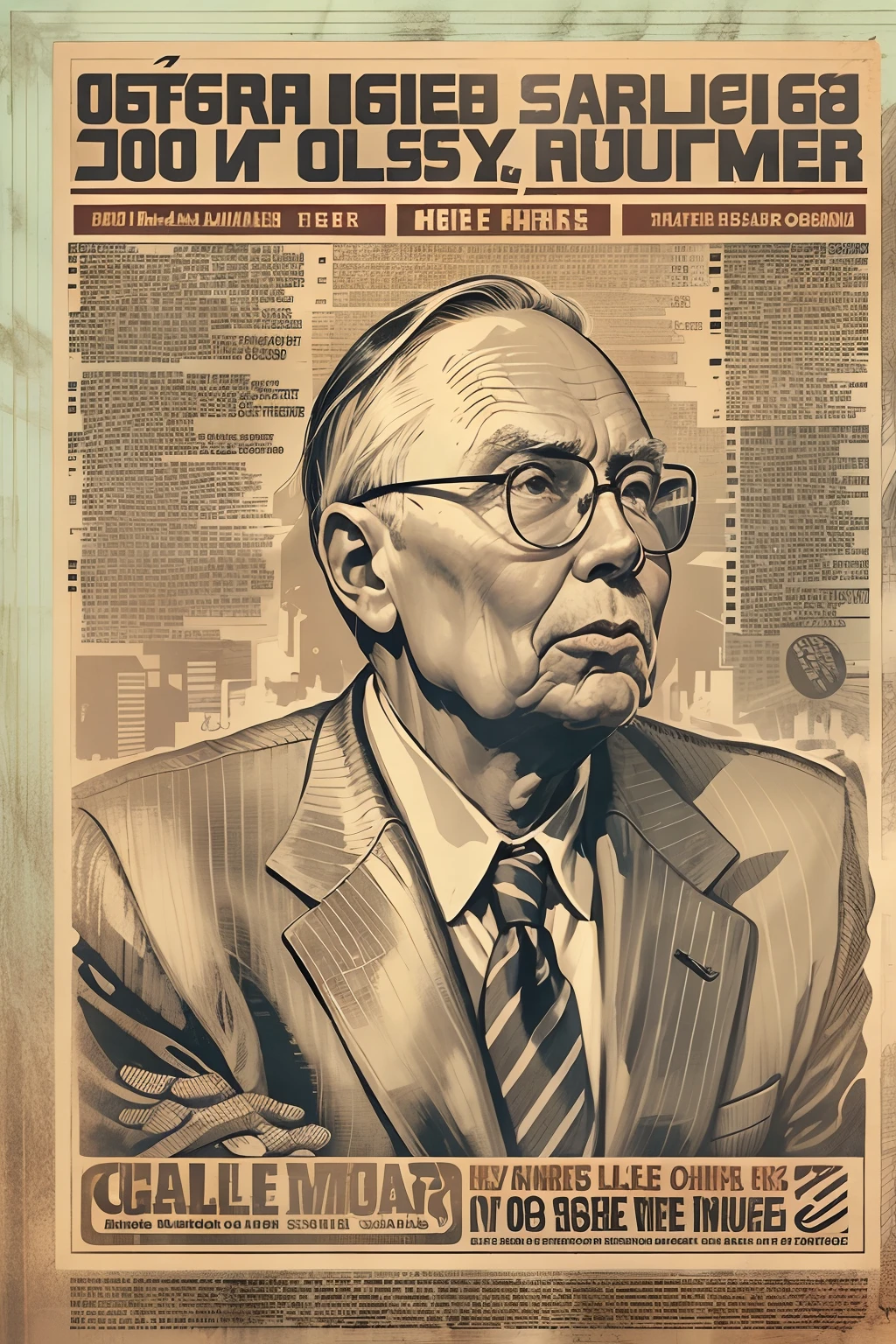 Charlie Munger's speech poster, Charlie Munger sat dignified, Medium shot, Pop art, Vintage, symetry