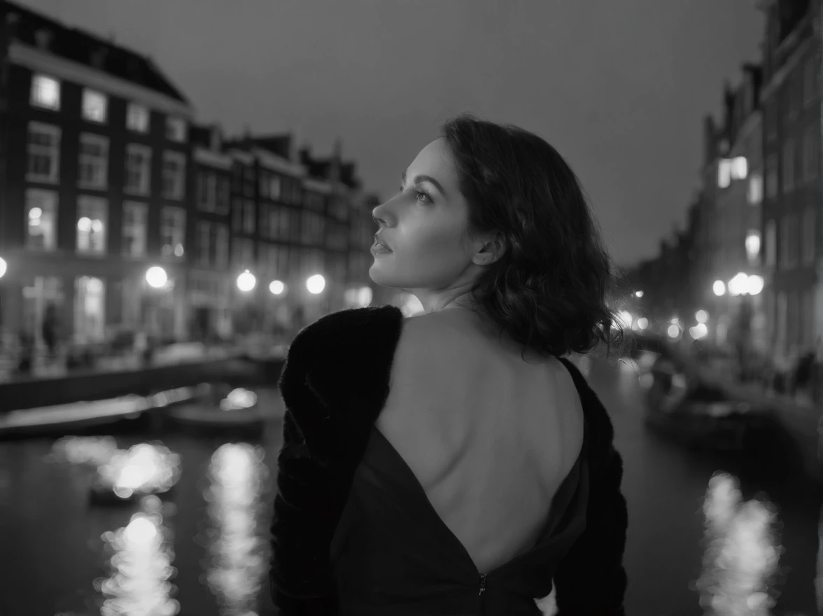 an award winning picture, black&white film noir atmosphere, photorealistic, (best detailed: 1.5), of the red windows of Amsterdam, best detailed picture in (black and white:1.5), a picture of a street on the river, you see the length of the street, the buildings from its start on the street are one or two stories high, its night time, model715(red lights:1.5) coming from the windows of the buildings, the other side of the street is the a river, there is a  (woman, standing with her back to the camera: 1.2), woman in (black and white:1.5) dynamic hair, ultra feminine, she is wearing pantyhose, short skirt, and wearing high heels, the picture is a from street's floor, you see the street to the left, there are the buildings and the light coming from them, and from the right side there is the  river, the woman is standing in the street, its night time, there is moon light and stars, ultra best realistic, best details, best quality, 16k, (ultra detailed: 1.5), masterpiece, best quality, (extremely detailed), ultra wide shot, photorealism, depth of field, hyper realistic