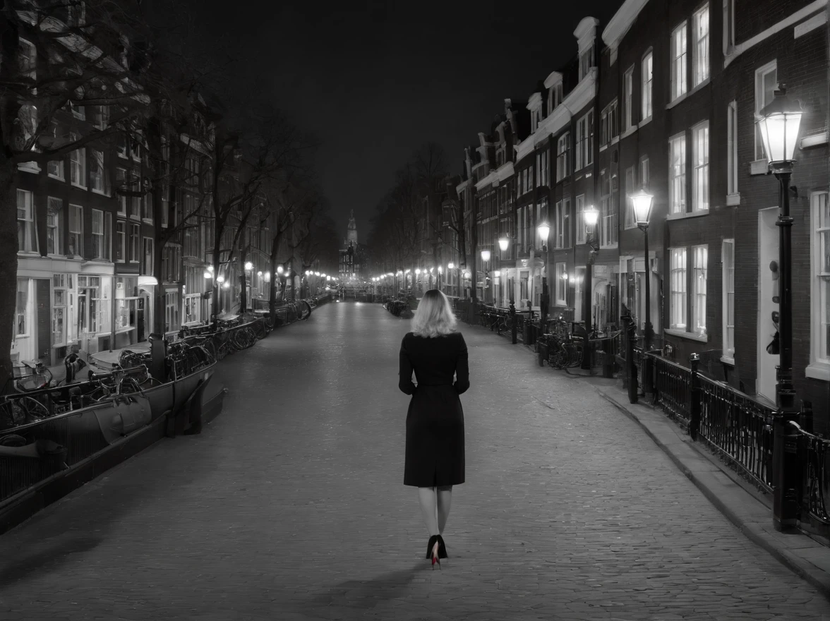 an award winning picture, black&white film noir atmosphere, photorealistic, (best detailed: 1.5), of the red windows of Amsterdam, best detailed picture in (black and white:1.5), a picture of a street on the river, you see the length of the street, the buildings from its start on the street are one or two stories high, its night time, model715(red lights:1.5) coming from the windows of the buildings, the other side of the street is the a river, there is a  (woman, standing with her back to the camera: 1.2), woman in (black and white:1.5) dynamic hair, ultra feminine, she is wearing pantyhose, short skirt, and wearing high heels, the picture is a from street's floor, you see the street to the left, there are the buildings and the light coming from them, and from the right side there is the  river, the woman is standing in the street, its night time, there is moon light and stars, ultra best realistic, best details, best quality, 16k, (ultra detailed: 1.5), masterpiece, best quality, (extremely detailed), ultra wide shot, photorealism, depth of field, hyper realistic