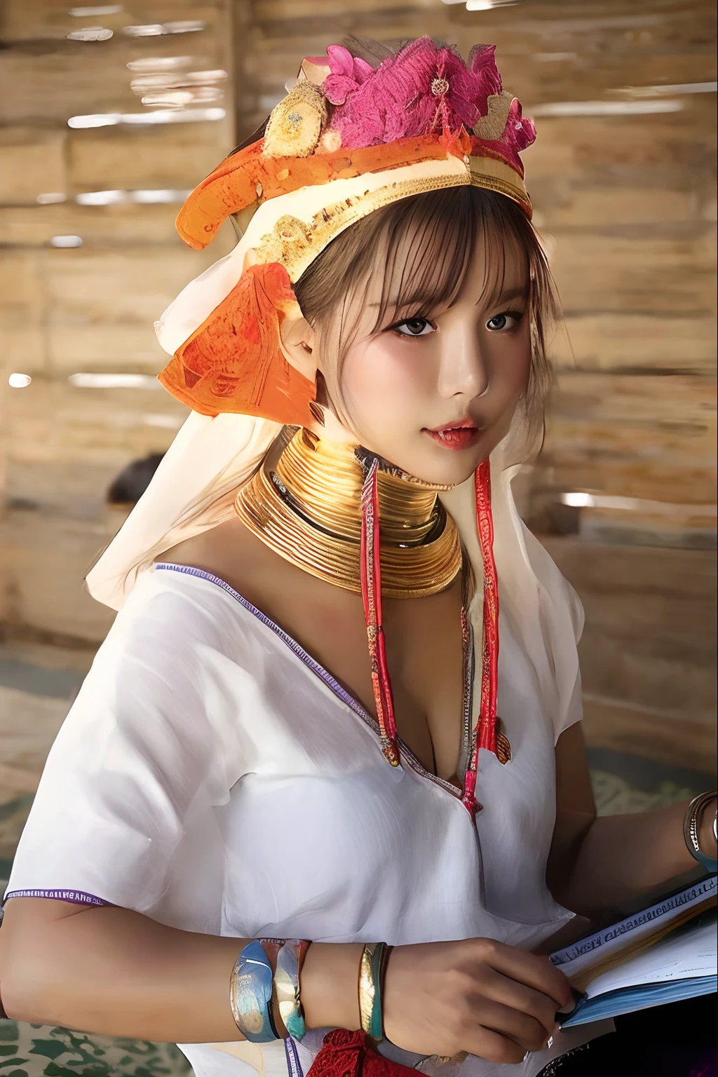 arafed woman with a colorful headdress and a book, traditional beauty, sukhothai costume, gorgeous woman, tribal jewelry, wearing tribal armor, tai traditional bronze headdress, wearing an elegant tribal outfit, anime thai girl, traditional clothes, south east asian with round face, wearing traditional garb, gorgeous lady, stunning woman, traditional clothing
