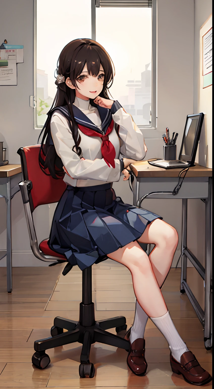 ((masutepiece, Best Quality)),Best aesthetic,1girl in, School uniform, desk work, Sitting, School Desk, Brown hair, crass room, Long hair, Indoors, Chair, Looking at Viewer, :P, Solo Focus, Brown eyes, Skirt, Long sleeves, Pencil, 1 boy, pencil case, paper, black serafuku, Multiple girls, Pleated skirt, Sailor collar, Bangs, head rest, School bag, school chair