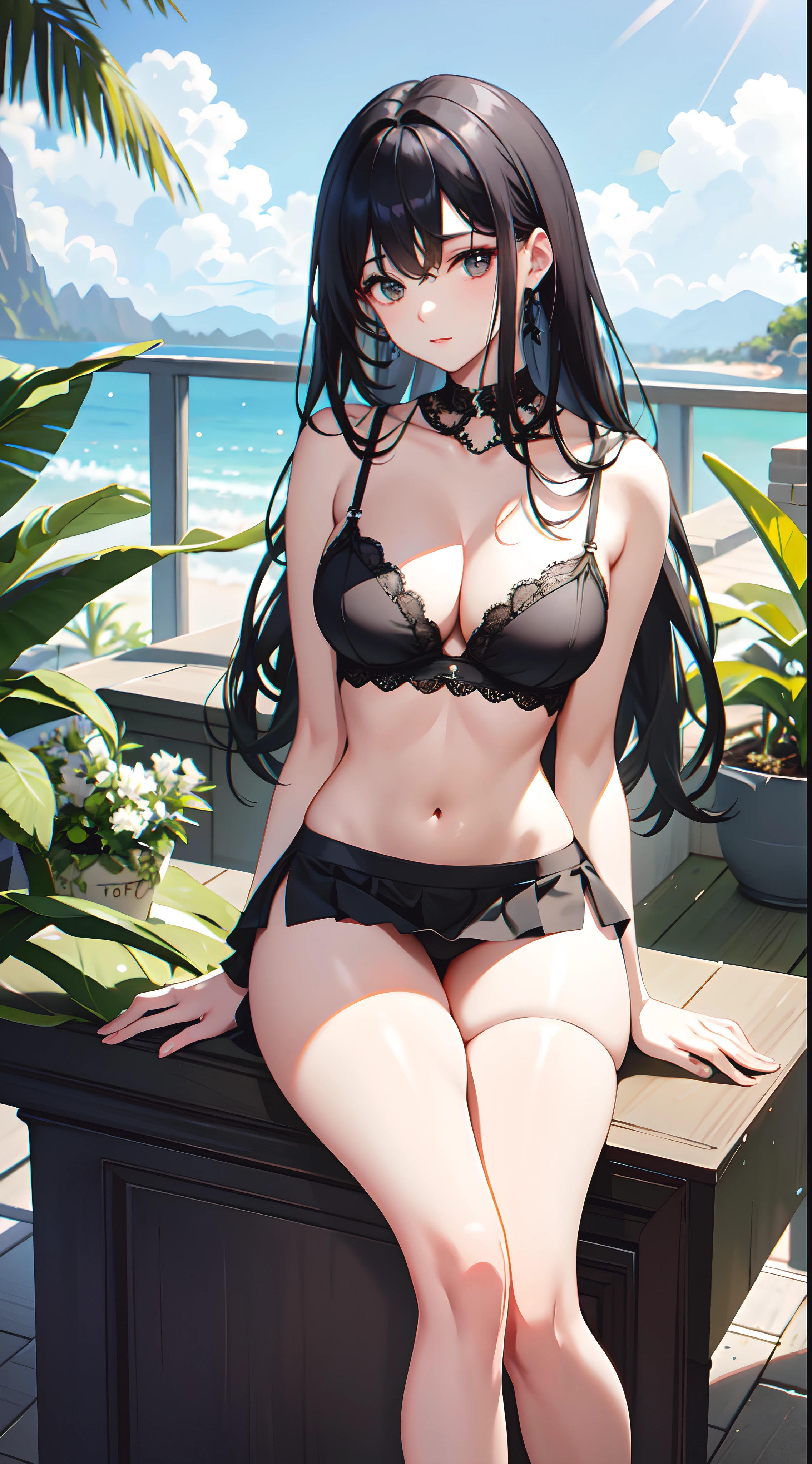 a beauti,clean black hair,Wearing suspendless white lace underwear,Big chest,Wearing a hip-wrapped skirt,Exposing thighs,Perfect hands,is shy,seductiv,sittinng on the desk