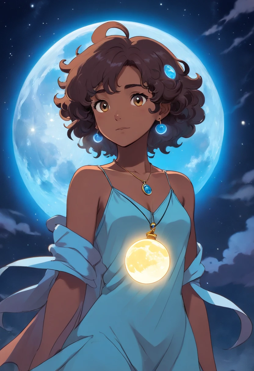 Cover for a story with a drawing of a fairy with dark skin and curly hair, a necklace in the shape of a moon and a bright blue light
