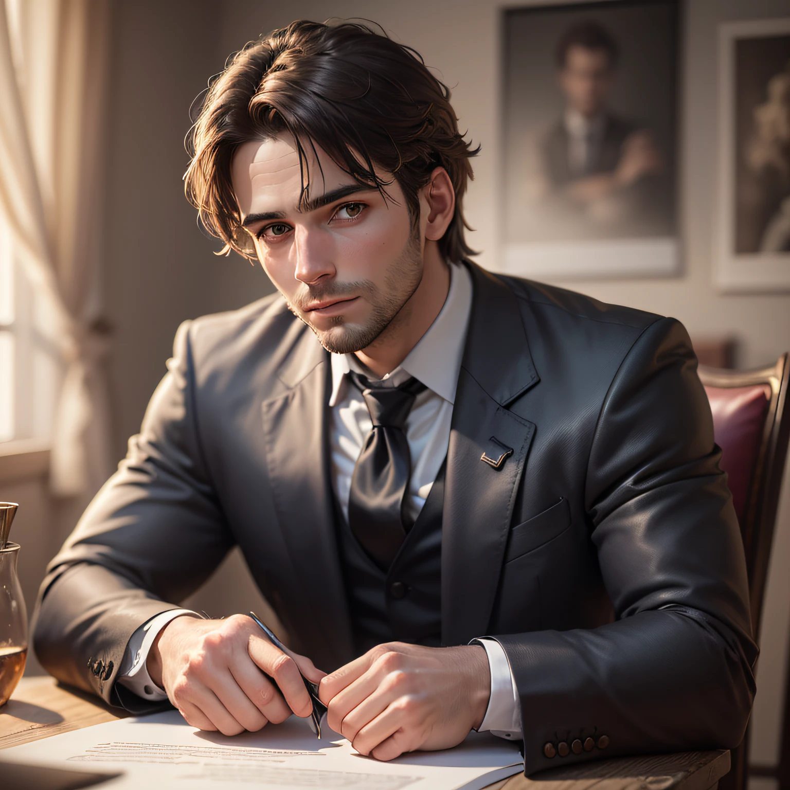 Portrait of a 30-year-old man in a suit and tie sitting on a black leather armchair, les bras sur la table, bureau, Body and head right on the photo and facing the viewer of the photo, bureau, eyes staring at the lens, Shoulders and head appear in the photo, Man centered on the photo, blurred background, 8k, Best quality, Masterpiece, Realstic, photo realist, photo du film, ultra realist, 1 personne, Detailed, perfect lighting, DSRL, Photo professionnelle, 4K.