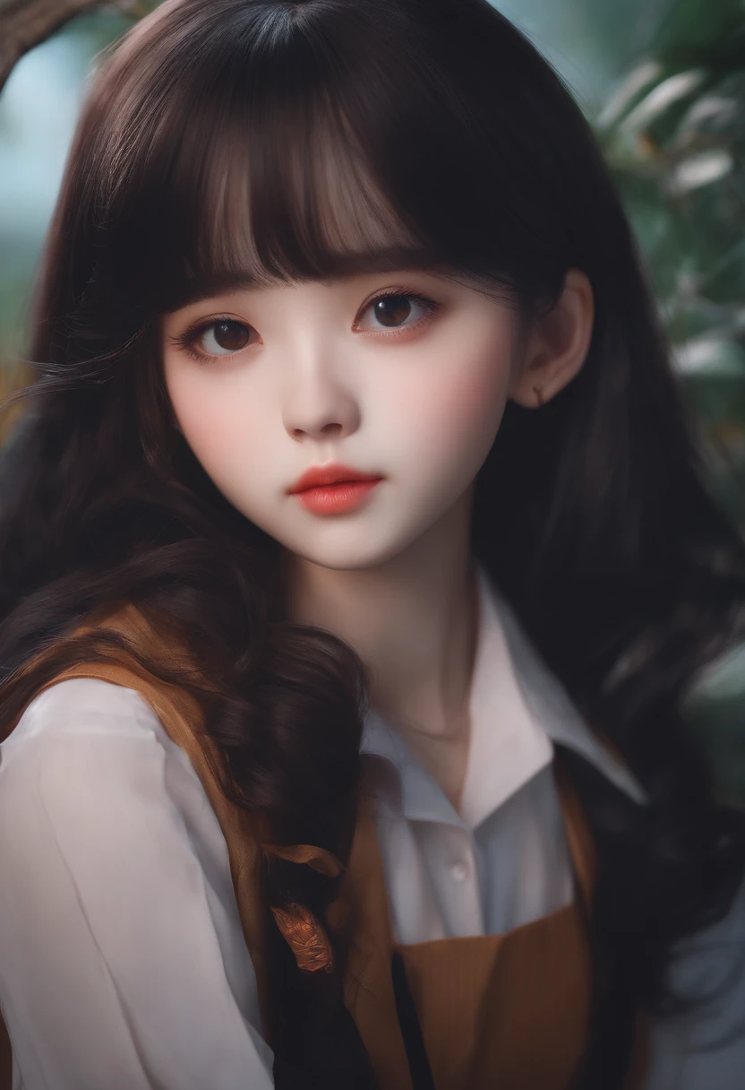 girl with、Semi-long、A dark-haired、kawaii、hi-school girl、Three-dimensional