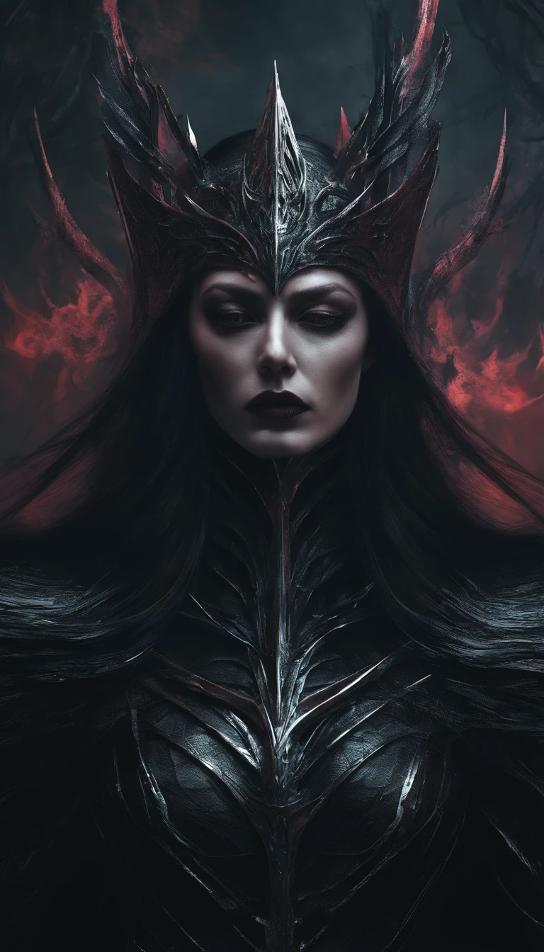 Hela, Deusa da morte, nordic mythology, Scarlet witch with a tiara with several blades on her head, Arte em estilo Guviz, Ross Tran 8 K, uma bela imperatriz fantasia, 8k arte detalhada de alta qualidade, Arte digital altamente detalhada em 4k, Retrato da rainha das trevas, multiple pointed swords,